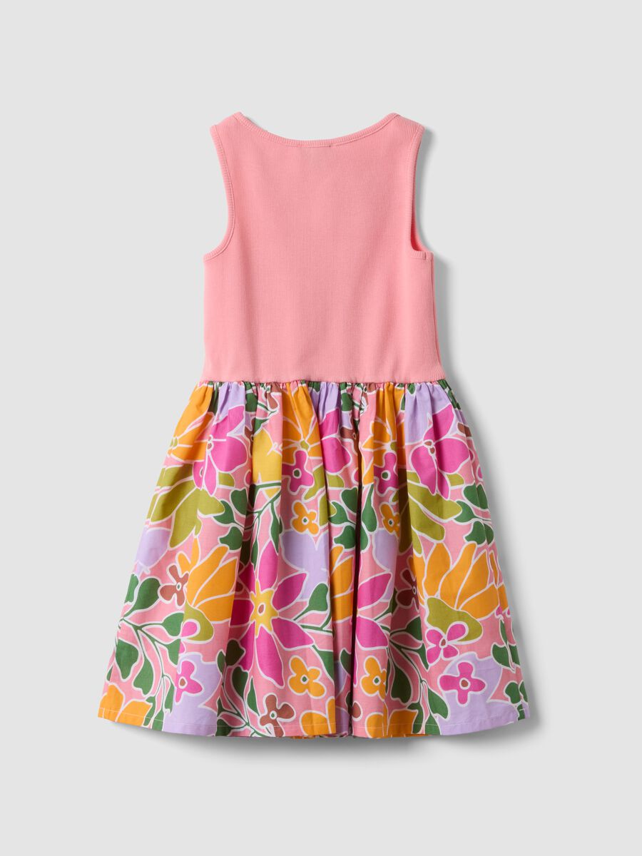 Pink stretch cotton dress with floral print skirt_1