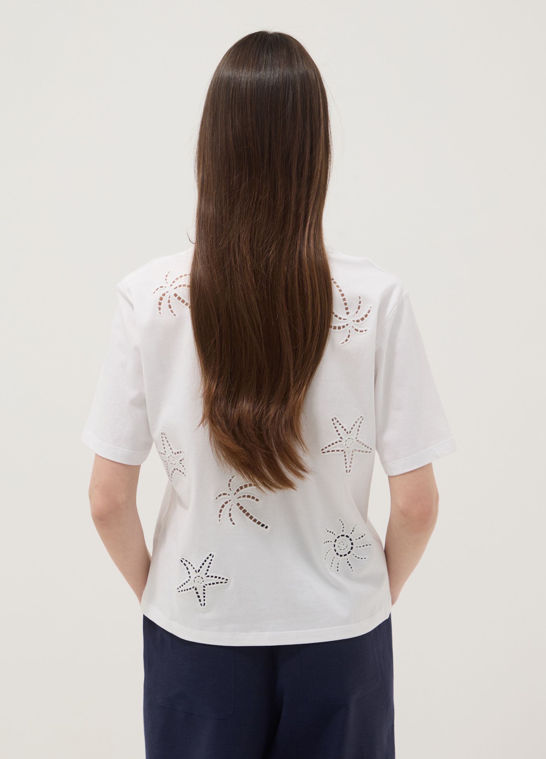 White pure cotton T-shirt with broderie anglaise embroidery, regular fit