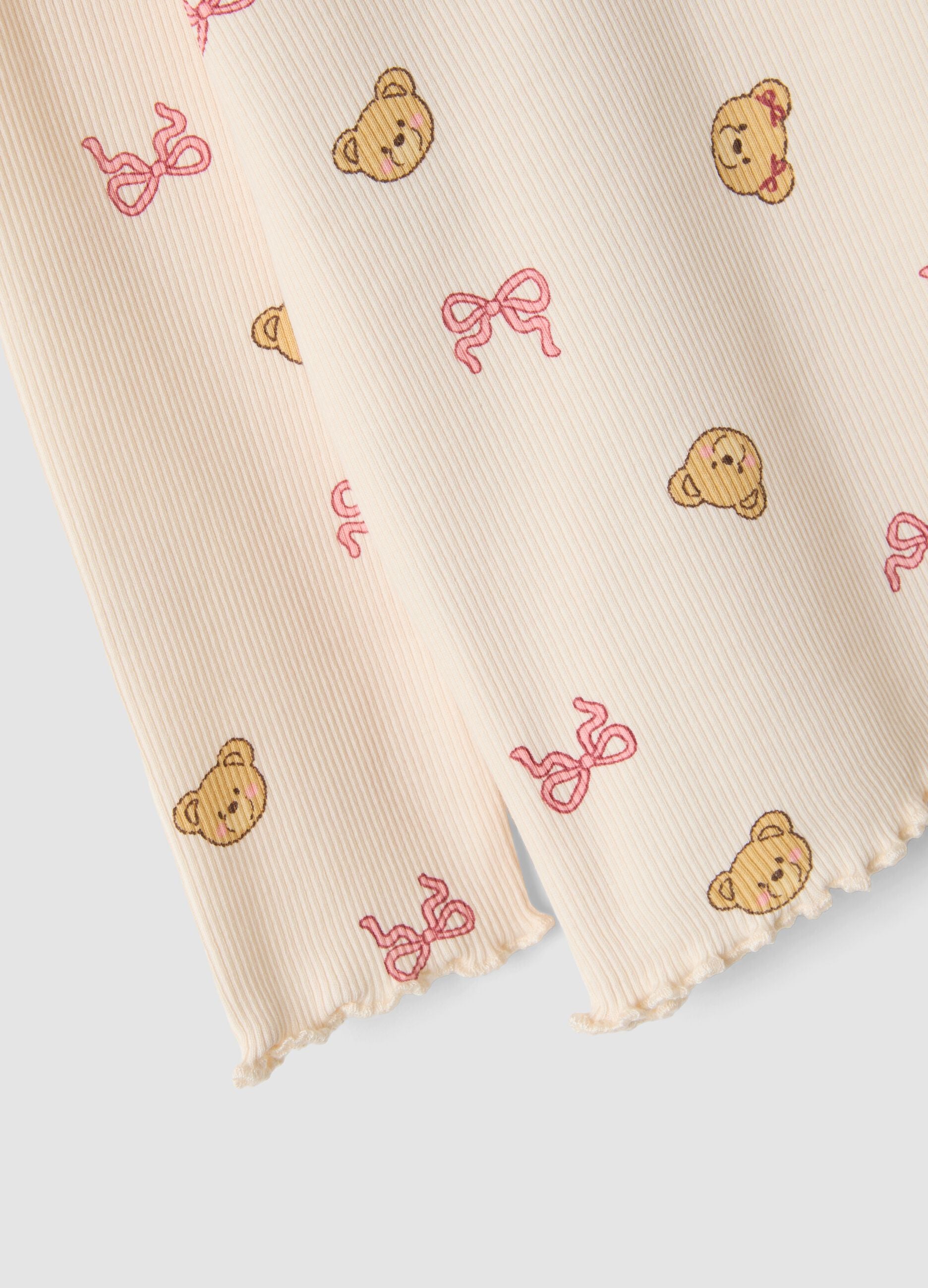 Beige organic stretch-cotton T-shirt with teddy bear print for baby girl