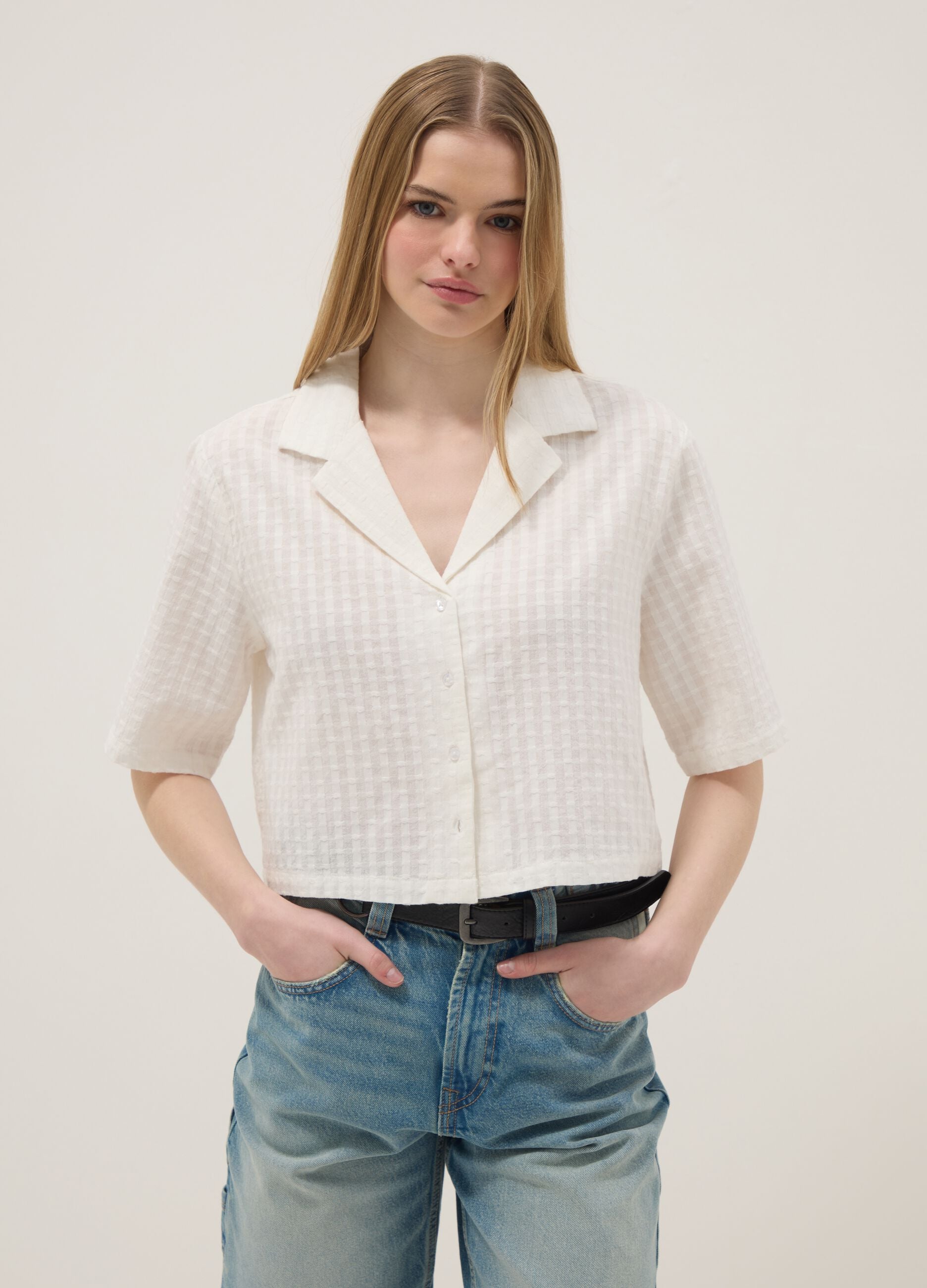 White pure cotton regular-fit shirt with check texture