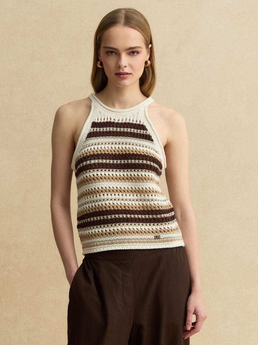 Multicolour striped fitted knitted cotton-blend top_1