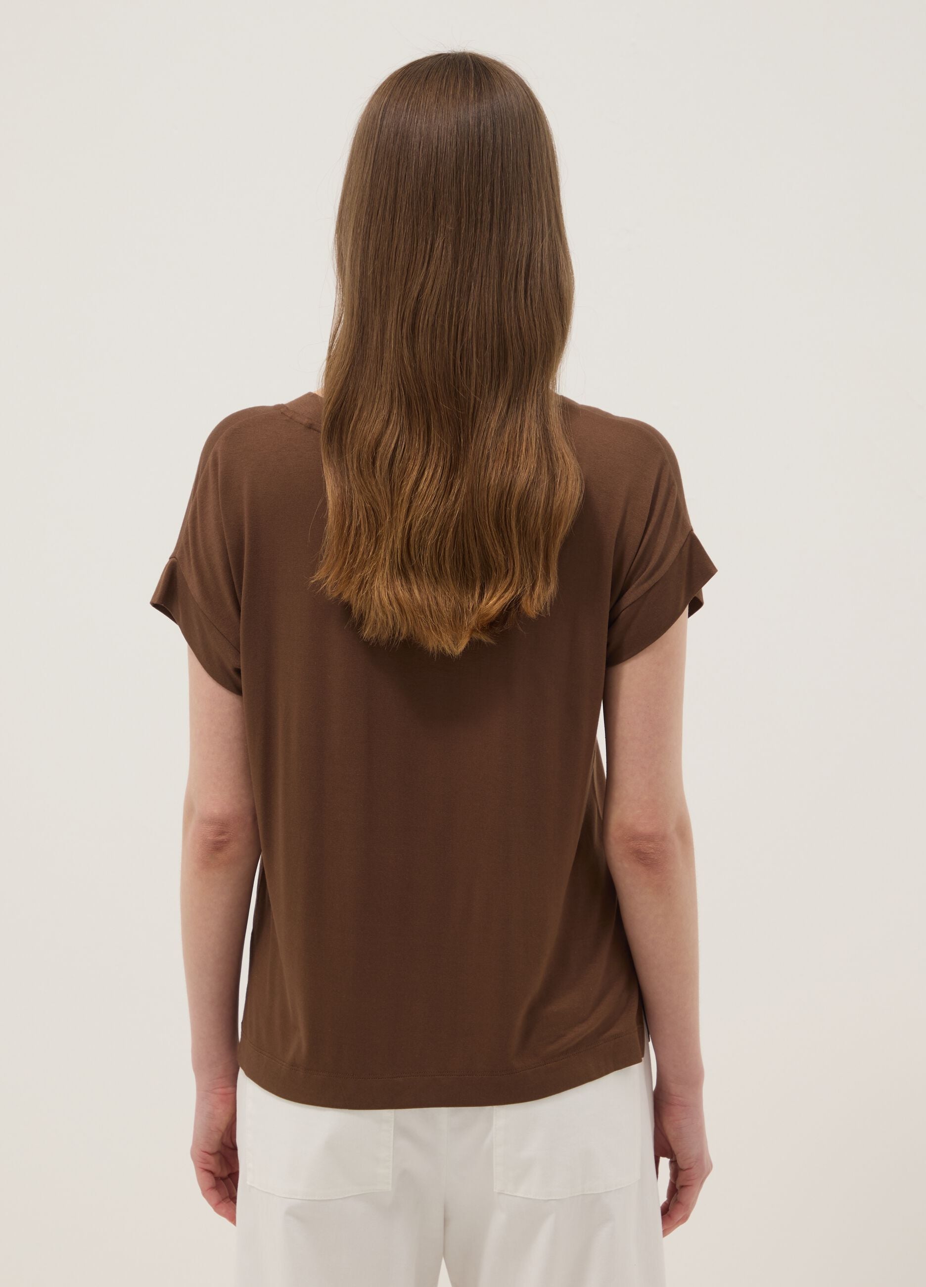 Brown stretch viscose V-neck T-shirt