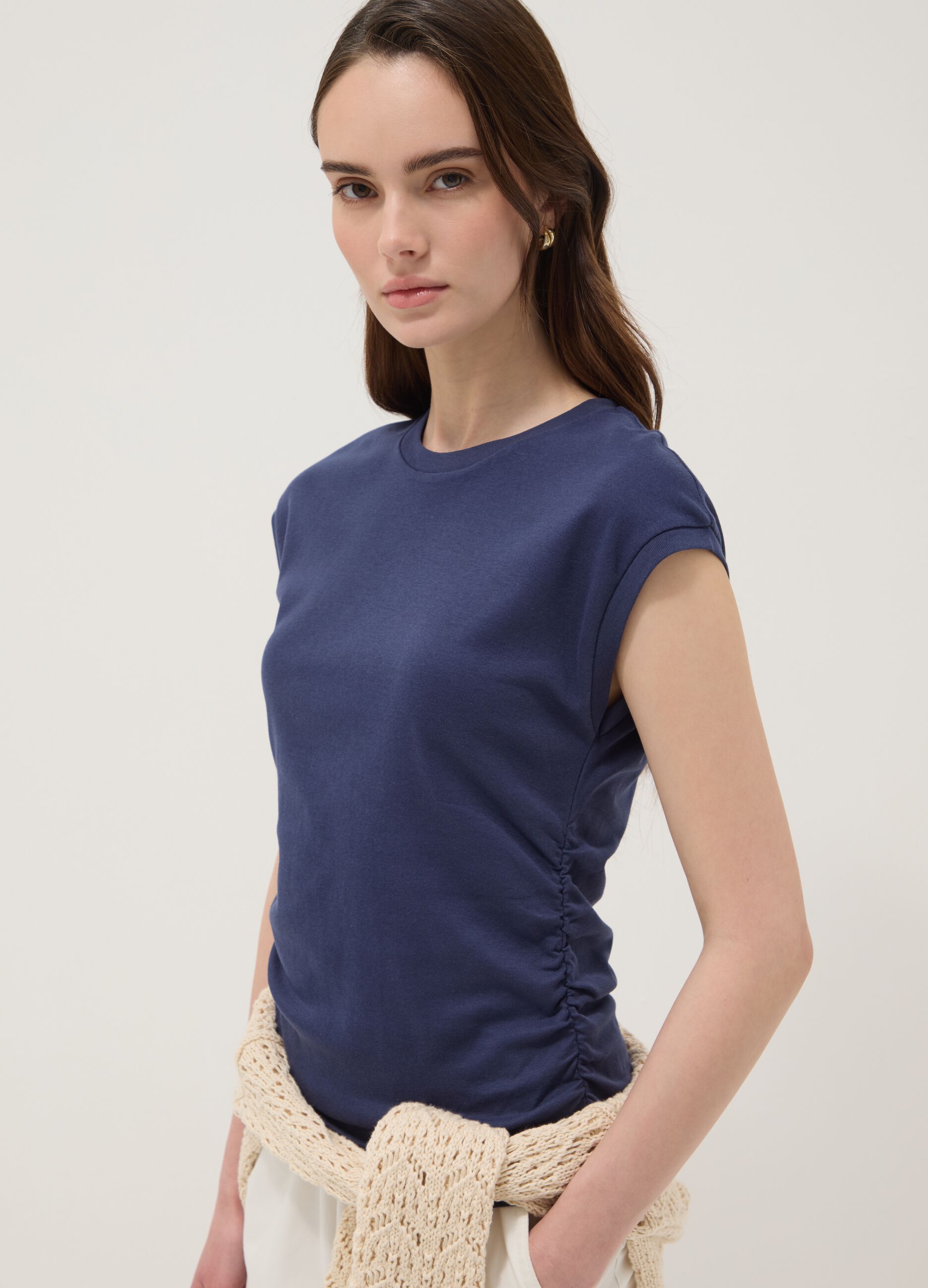 Blue pure cotton tank top with side ruching, regular fit
