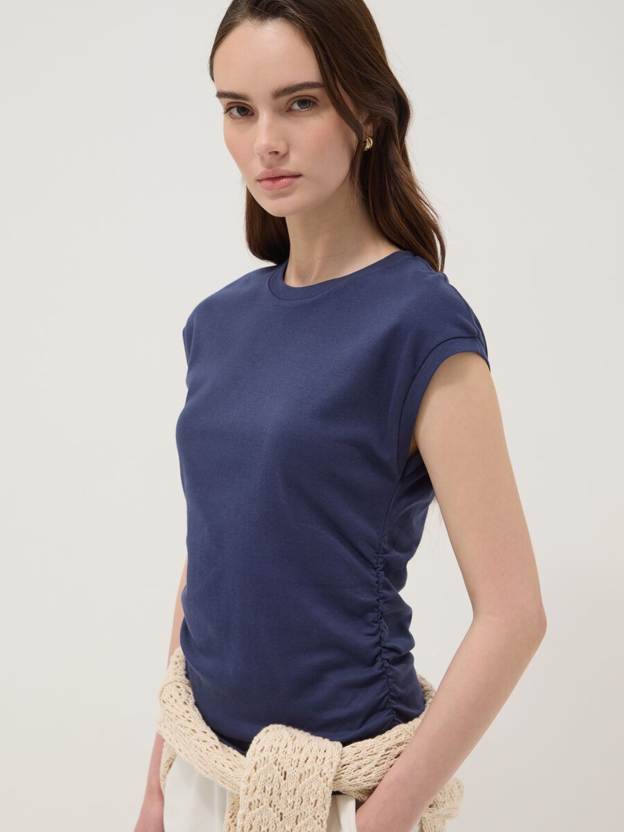 Blue pure cotton tank top with side ruching, regular fit_0