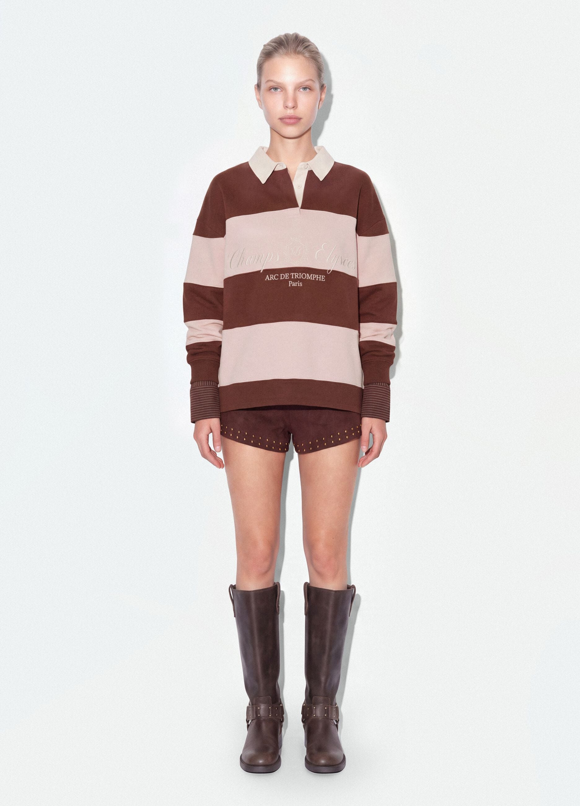 Brown striped cotton-blend sweatshirt with collar, relaxed fit