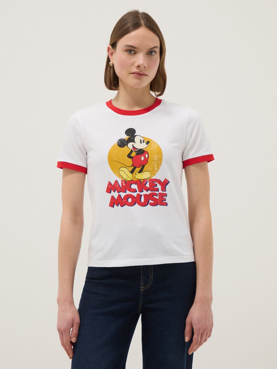 Regular fit white pure cotton t-shirt featuring Mickey Mouse print_0
