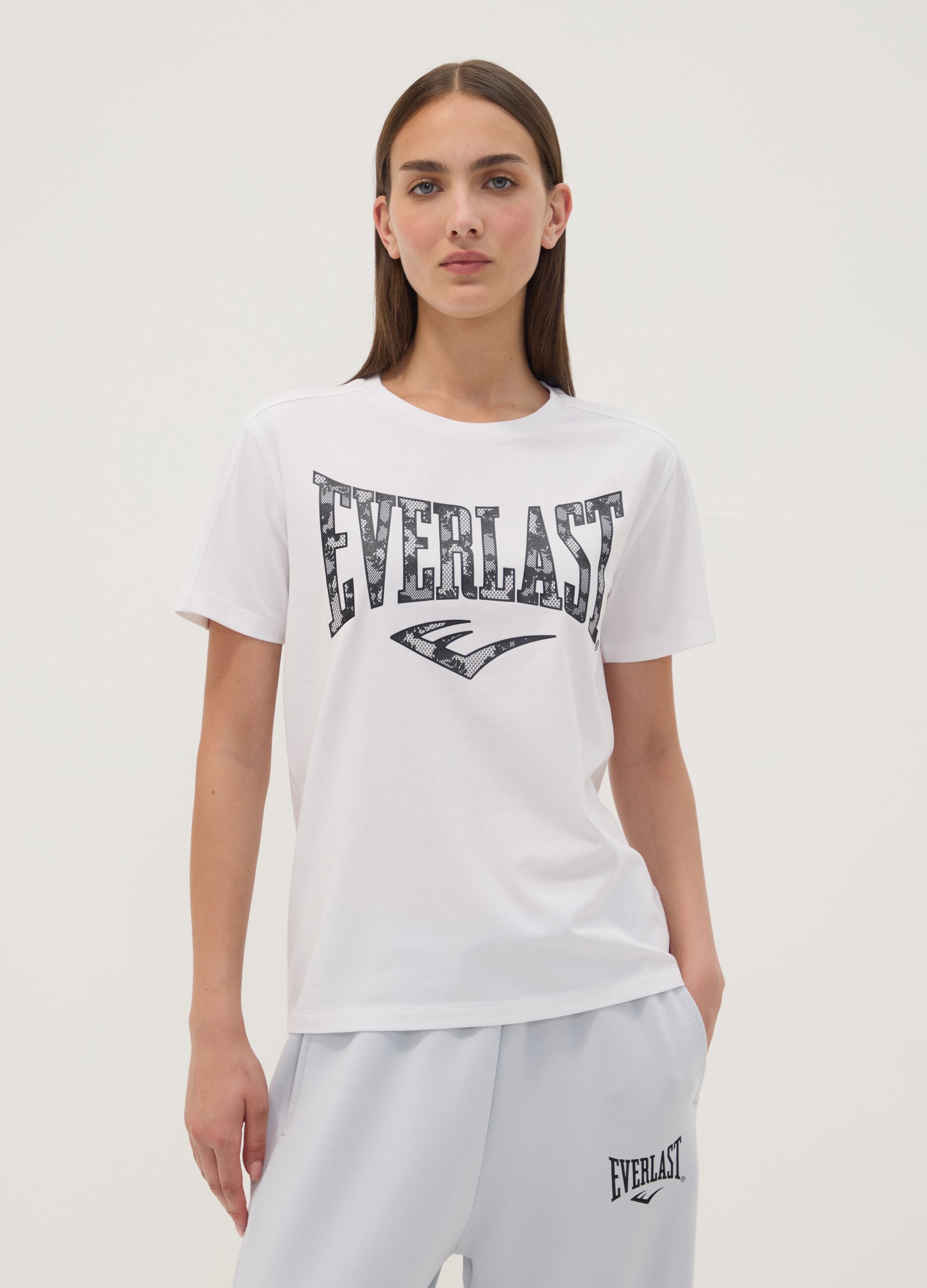 White stretch cotton jersey T-shirt with print, regular fit