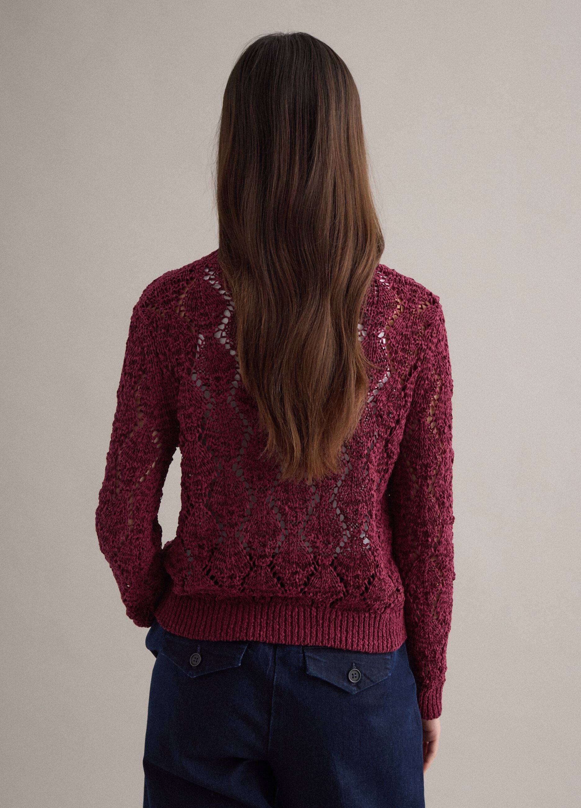 Regular fit red cotton blend jumper with knit pattern