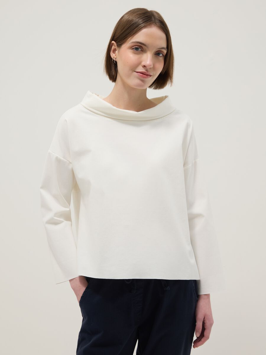 White regular fit stretch cotton blend jumper with wide neckline_0
