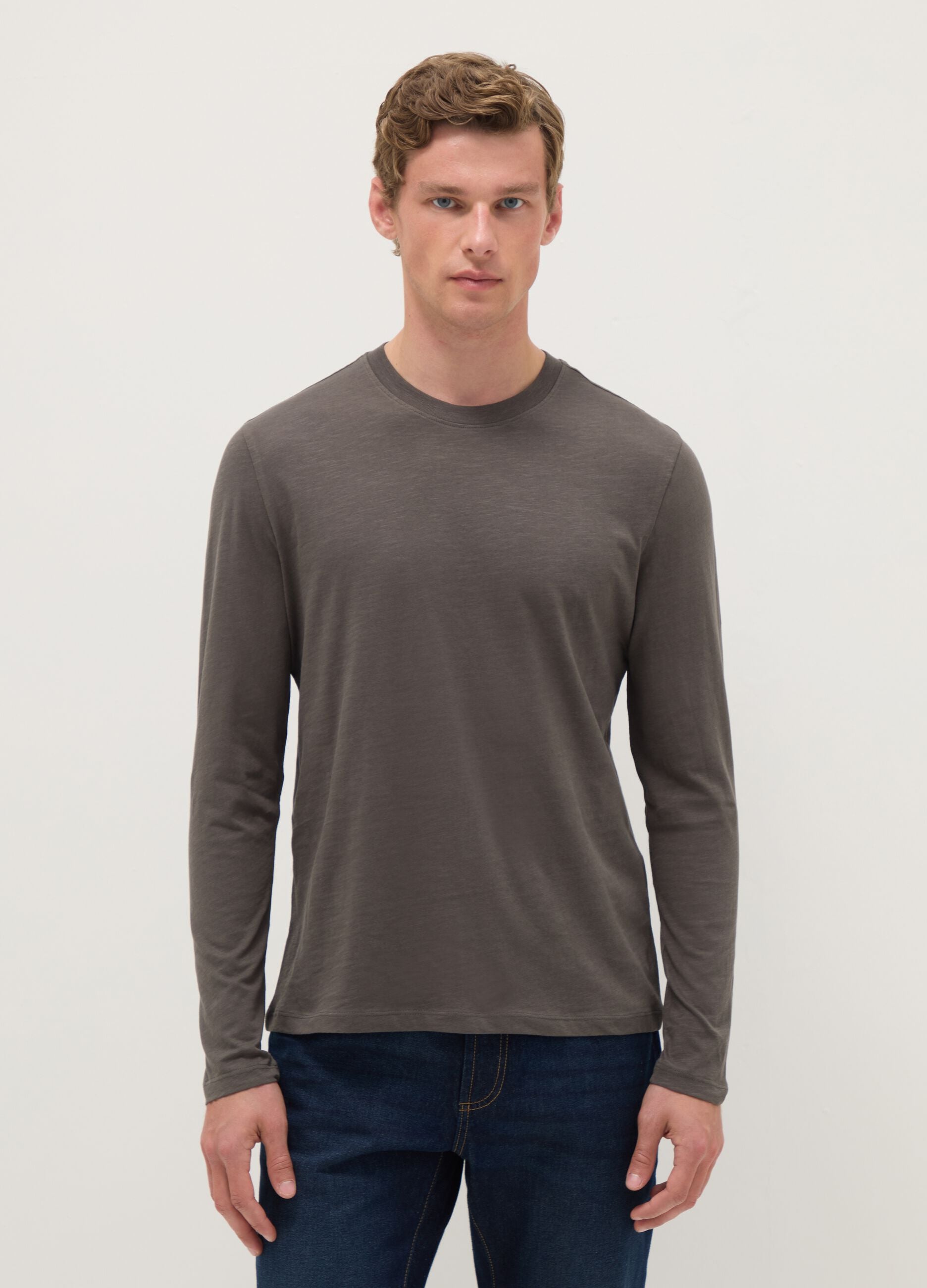 Grey long-sleeve pure cotton regular fit T-shirt