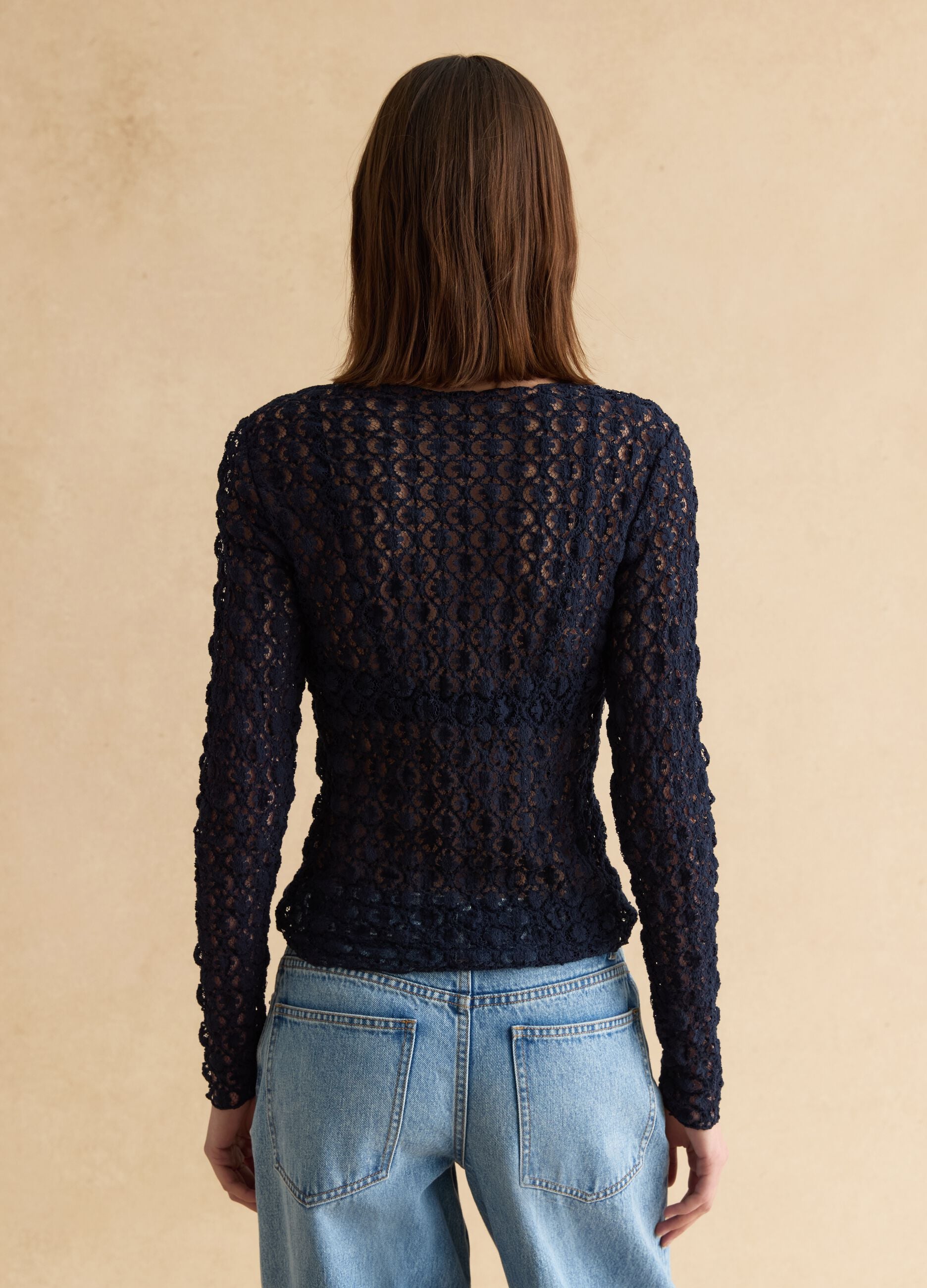 Blue stretch cotton blend regular fit top with lace
