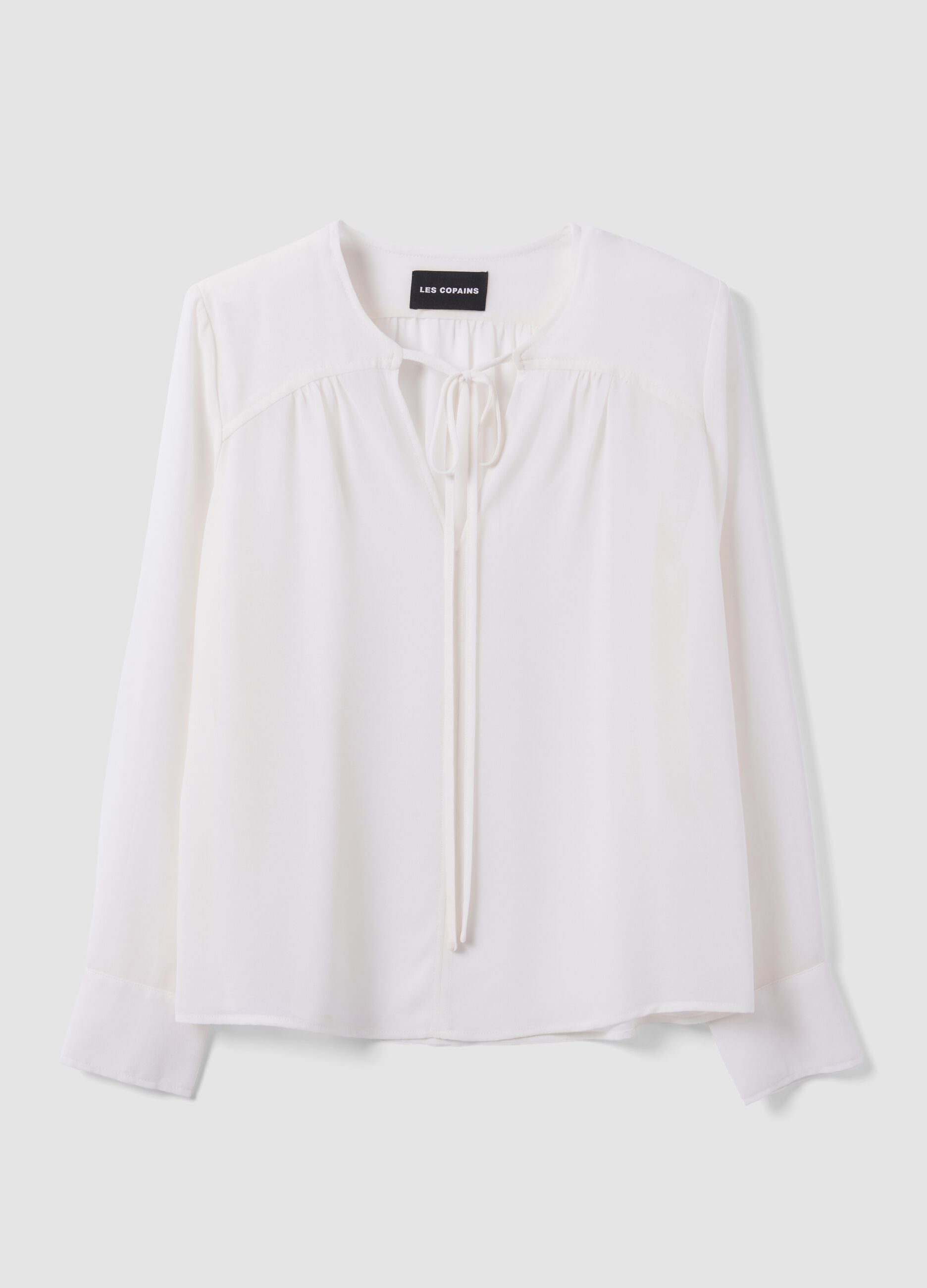 White regular-fit blouse with V-neck and tie detail