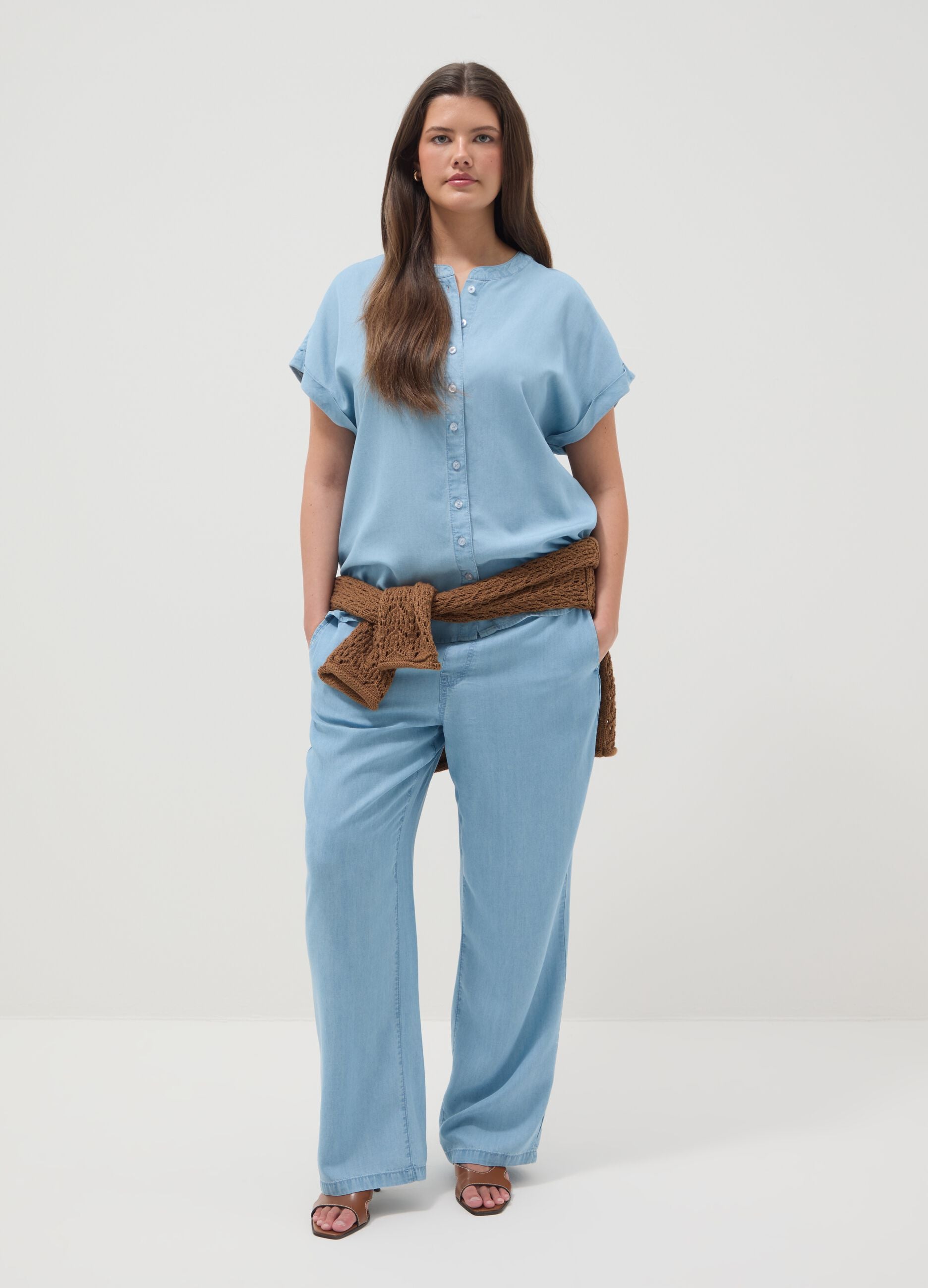 Regular fit pure lyocell blue blouse with mandarin collar