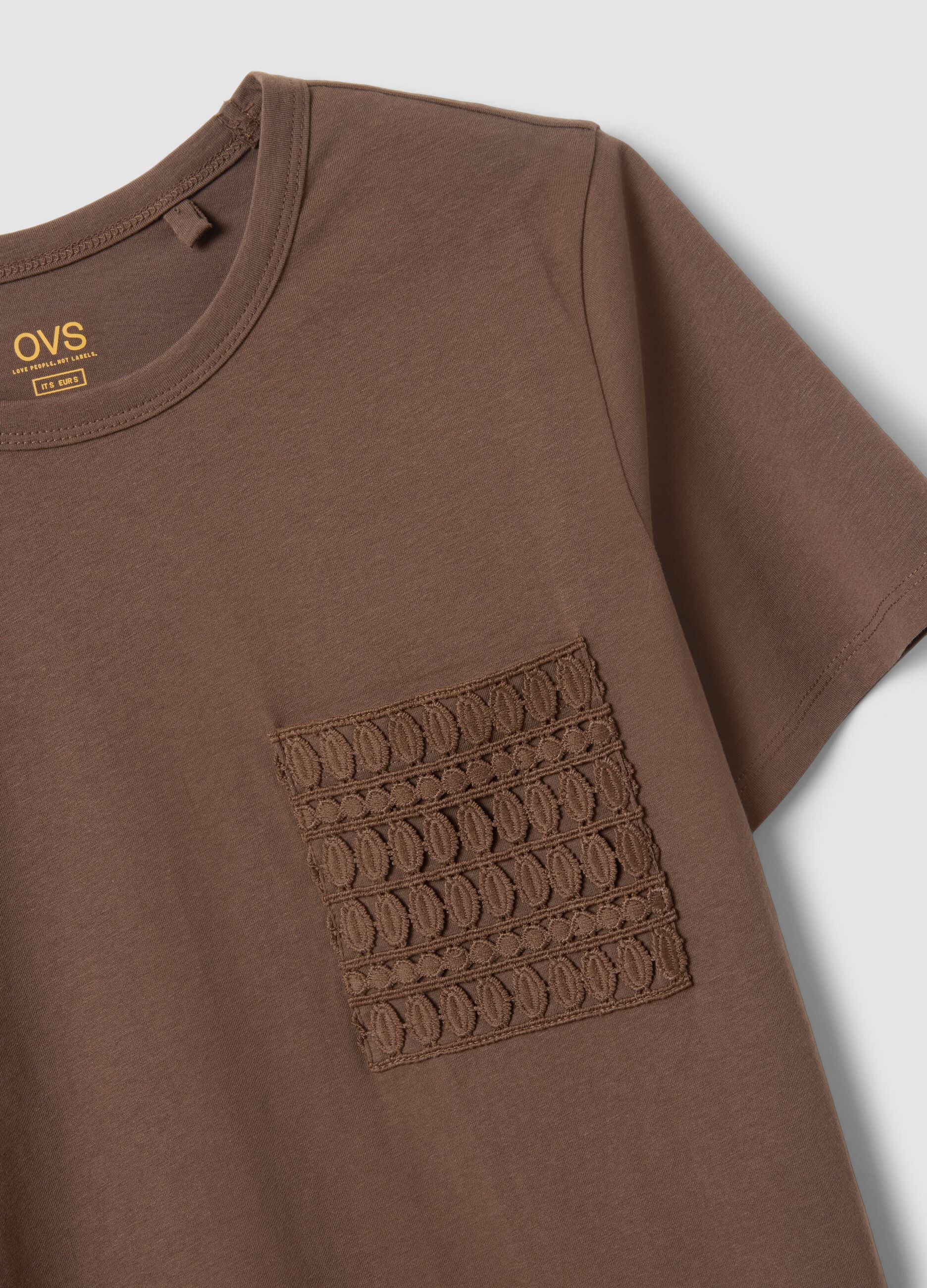Brown pure cotton regular-fit T-shirt with embroidered chest pocket