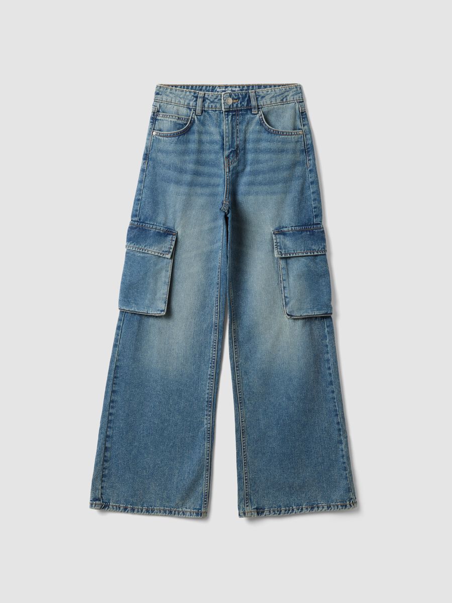Blue pure cotton denim cargo jeans, relaxed fit for girls_0