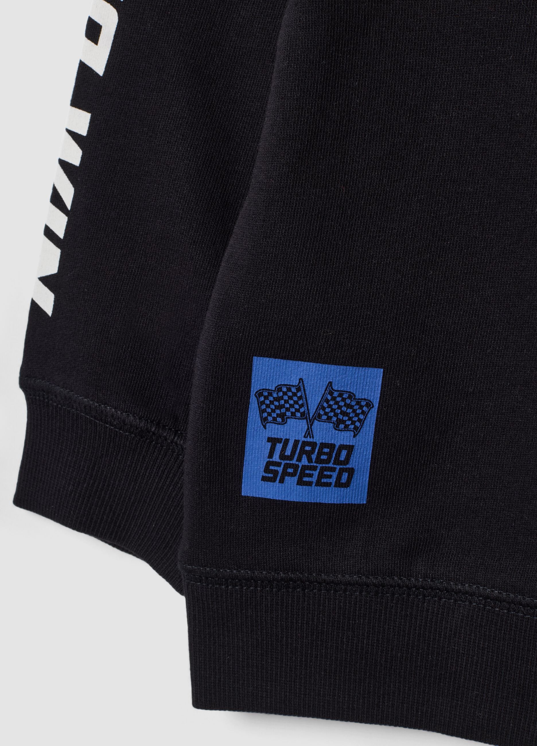 Black pure cotton crew-neck sweatshirt with racing print, oversized fit