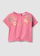 Pink short-sleeve stretch cotton T-shirt with floral print for baby girl, regular fit_0