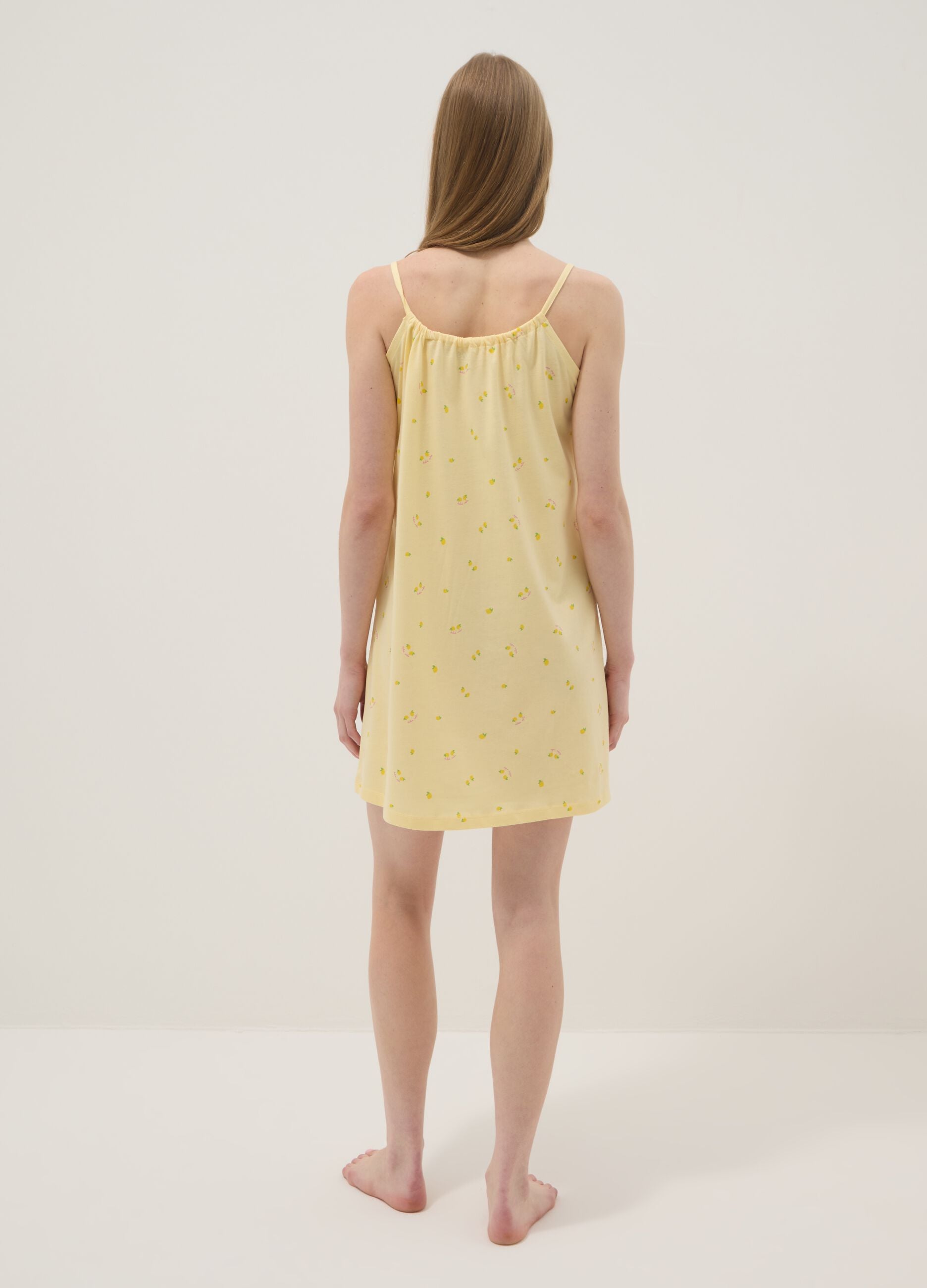 Yellow pure cotton nightdress with straps and lemon print