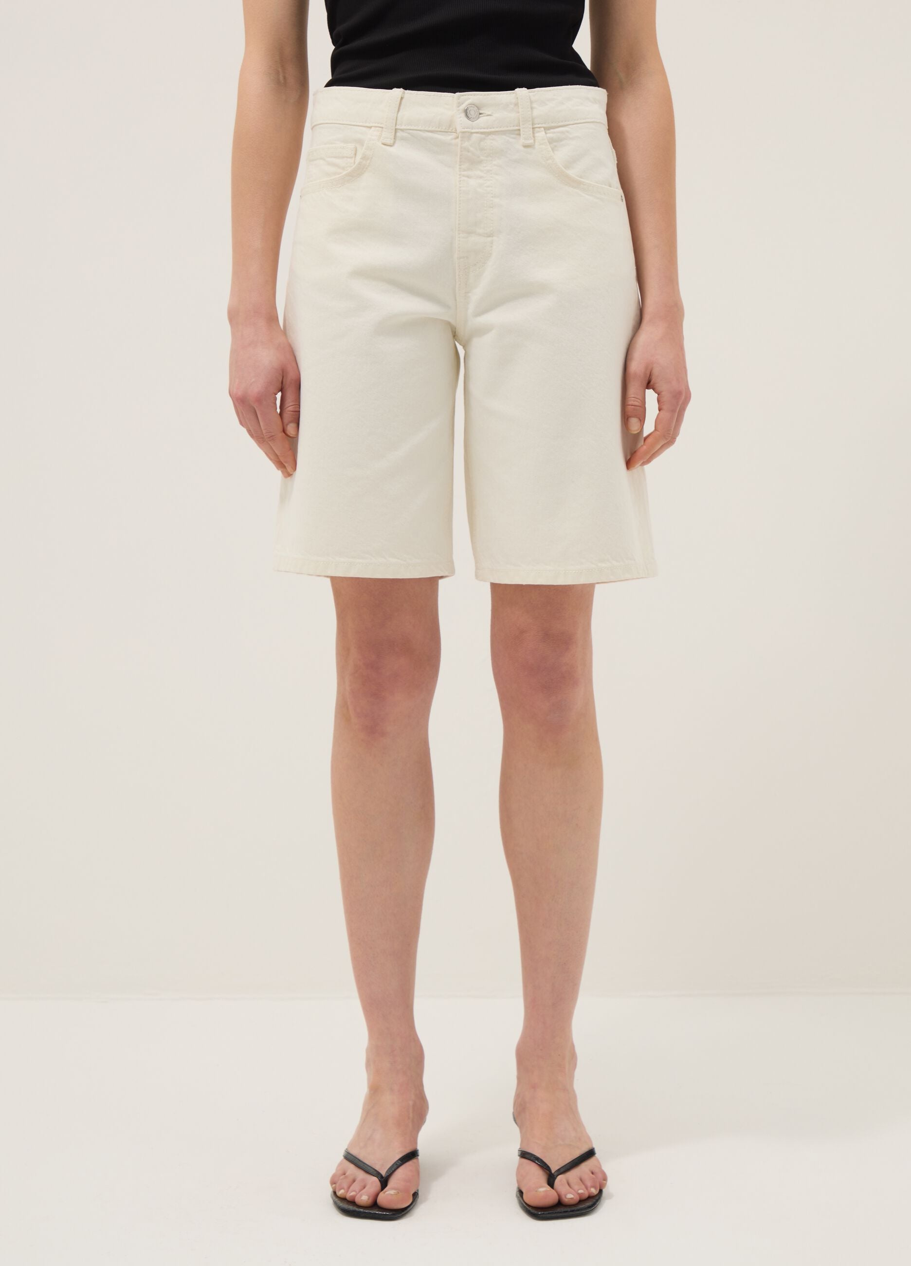 Beige wide leg pure cotton denim shorts