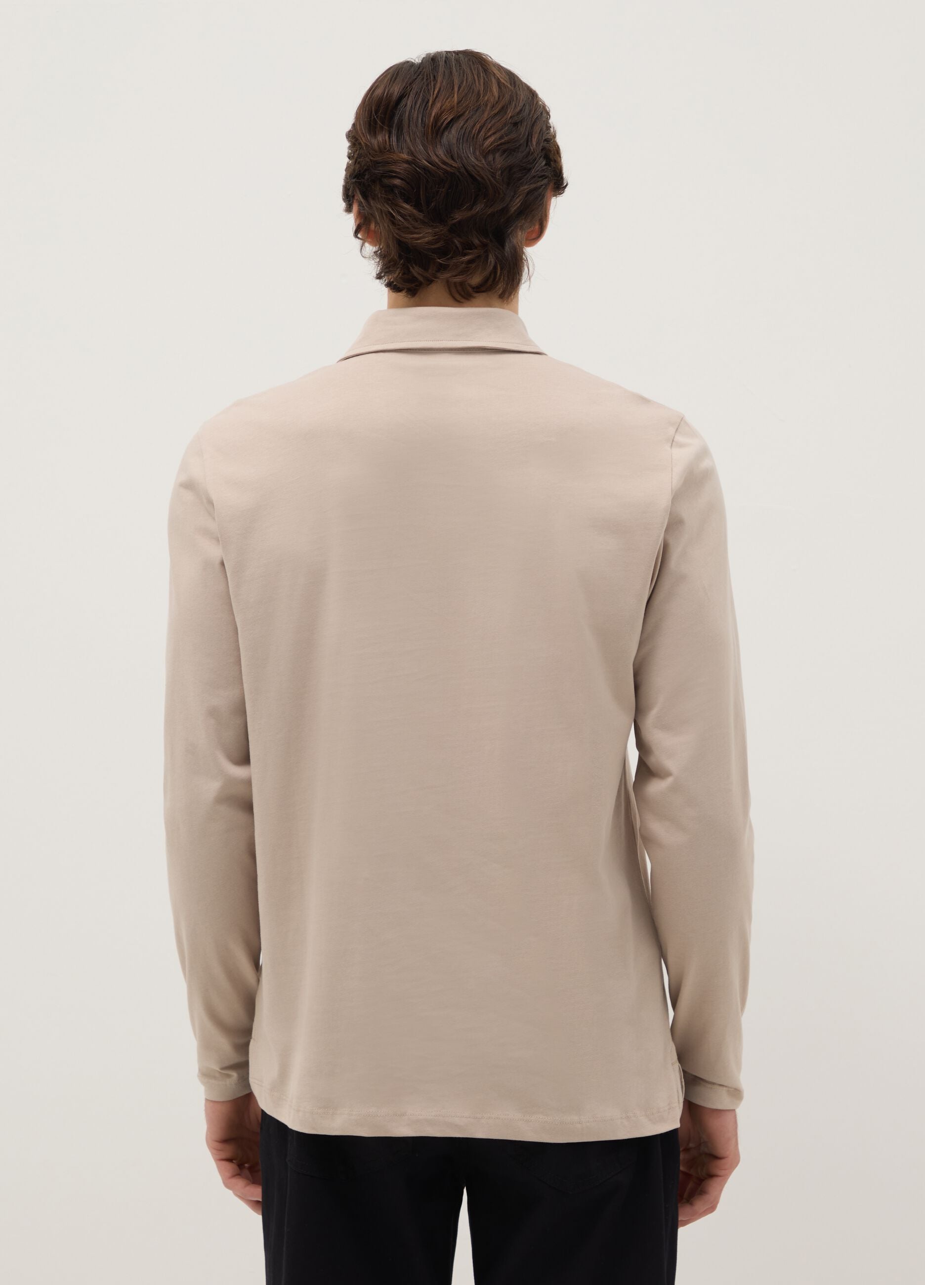 Beige long-sleeve pure cotton polo regular fit