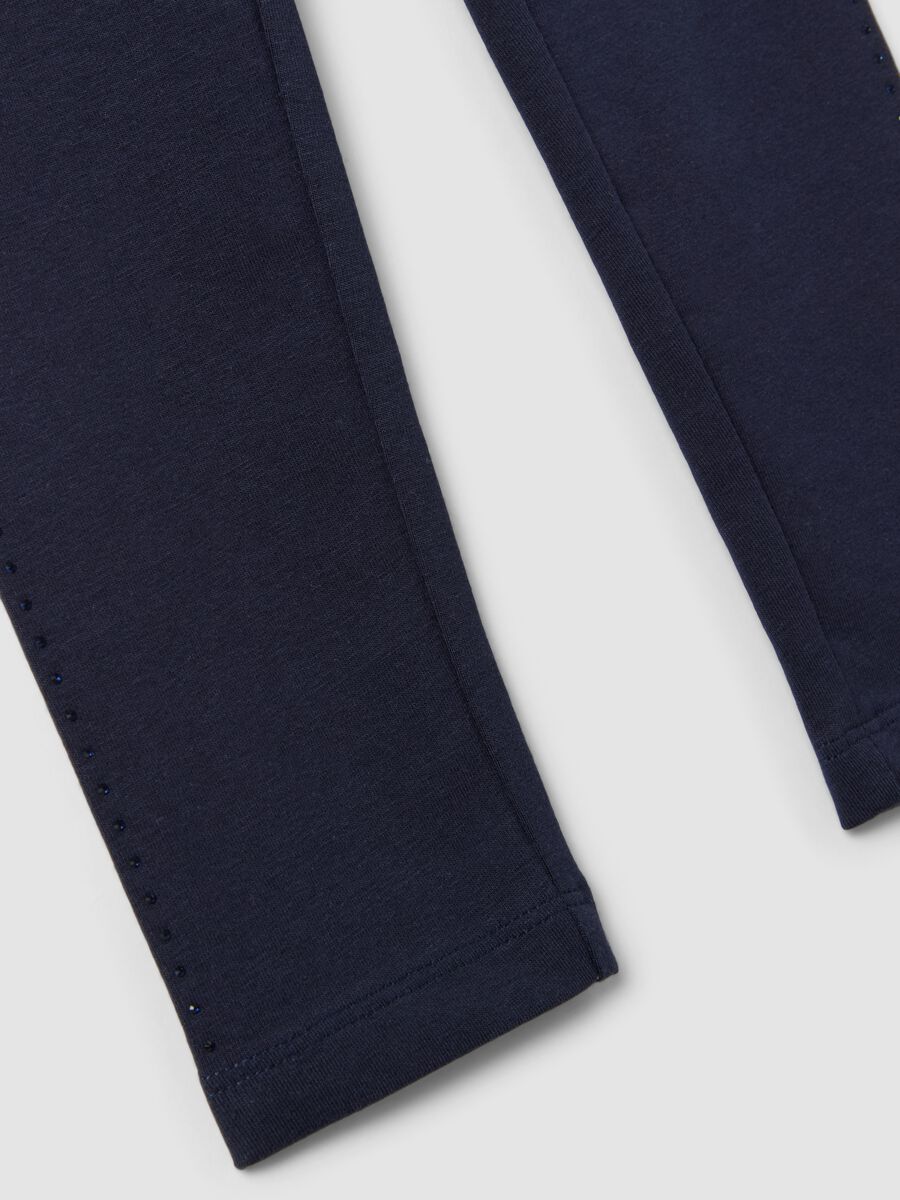 Blue stretch organic cotton leggings with rhinestones for girls_3