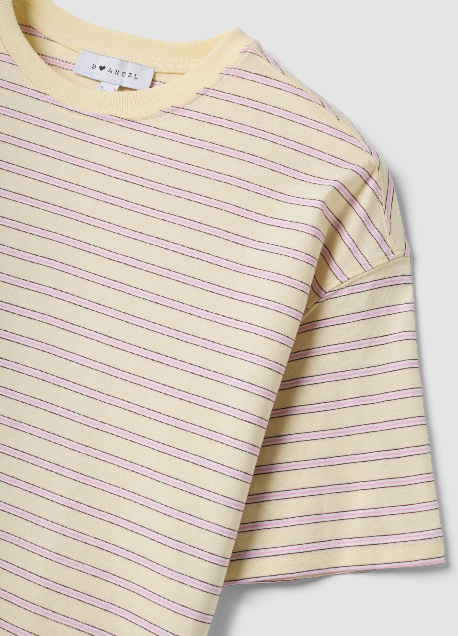 Yellow T-shirt with pink stripes in pure cotton, boxy fit