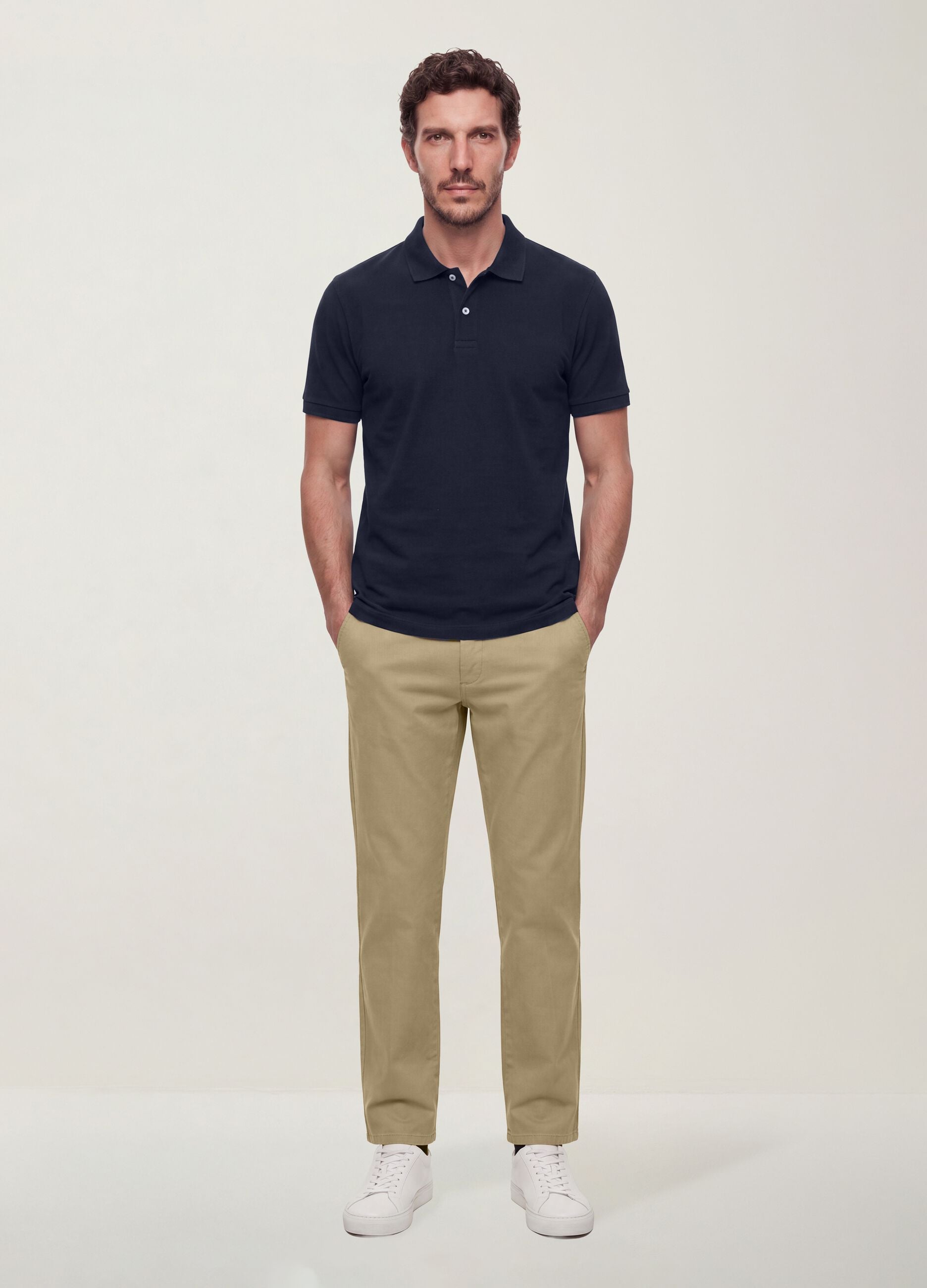 Blue pure cotton piqu&eacute; polo shirt with classic collar and regular fit