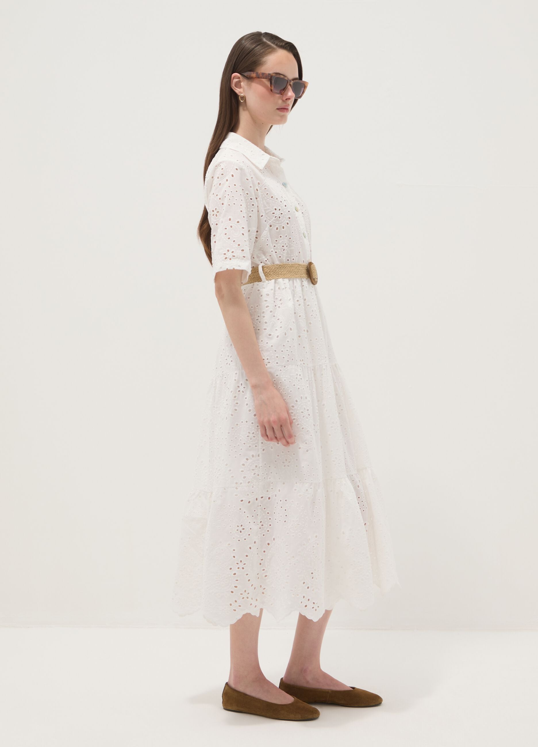 White midi broderie cotton dress with braided belt