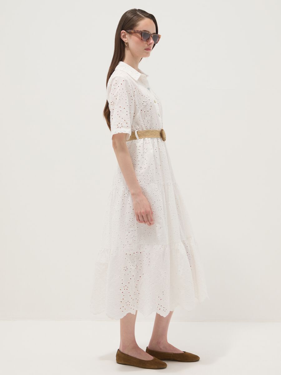 White midi broderie cotton dress with braided belt_1