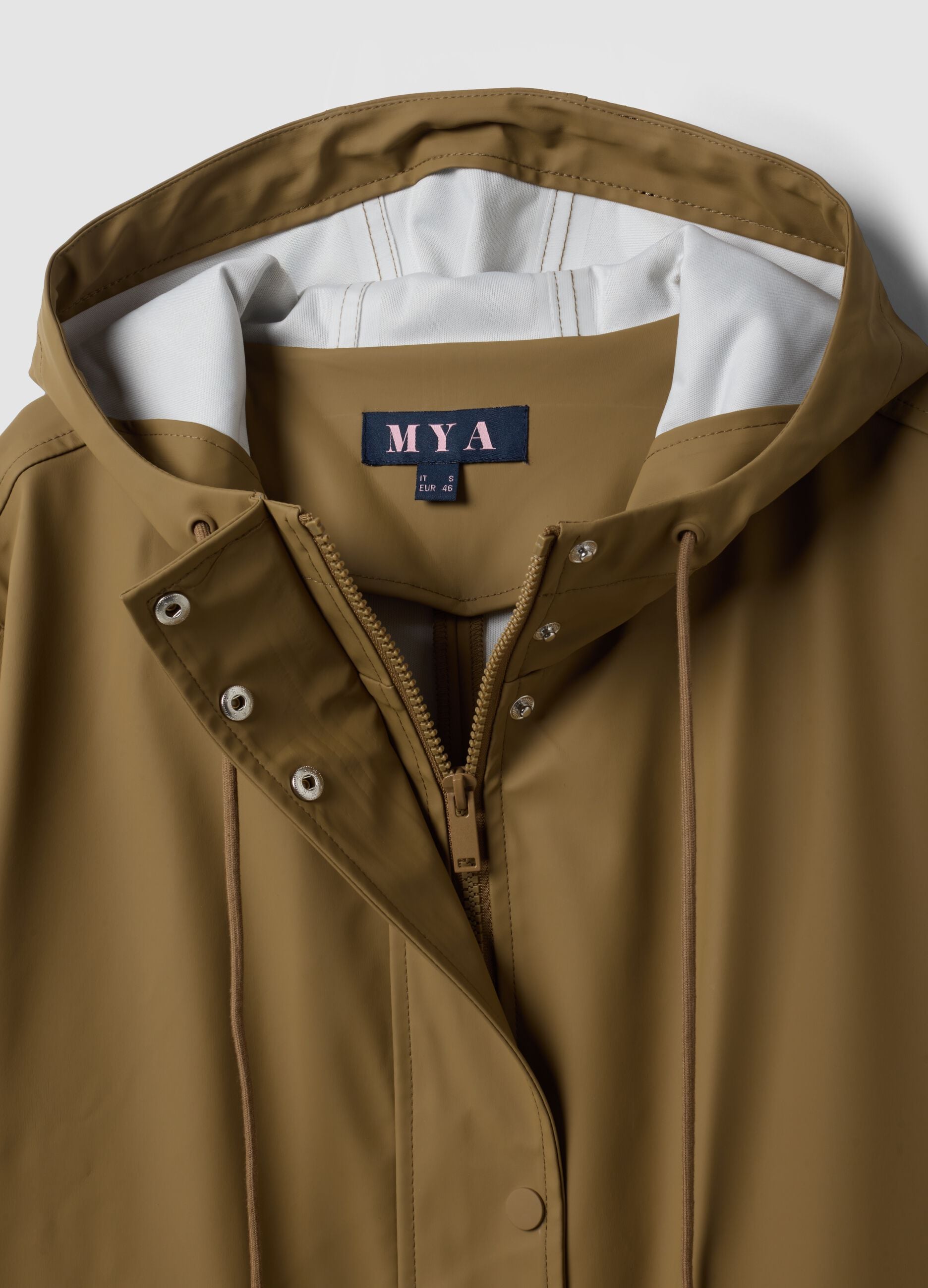 Brown rain jacket with hood, zip and snap-button fastening, regular fit