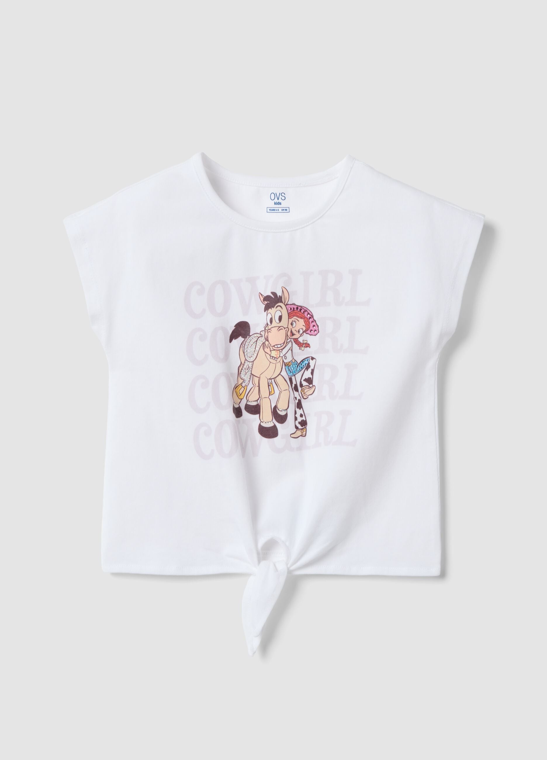 White stretch cotton T-shirt with knot and Toy Story print for girls