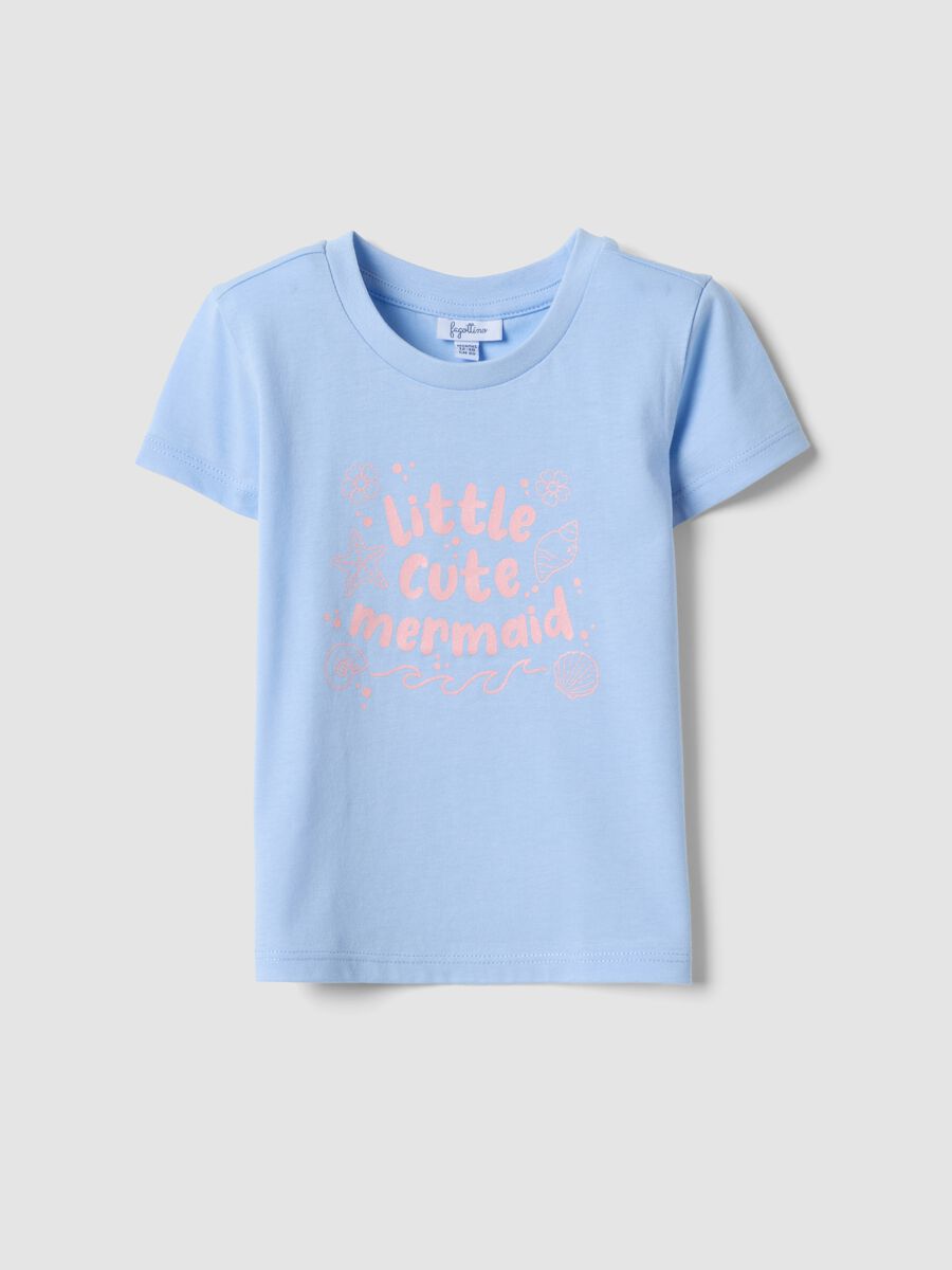 T-shirt azzurra in puro cotone organico da bimba con stampa marina_0