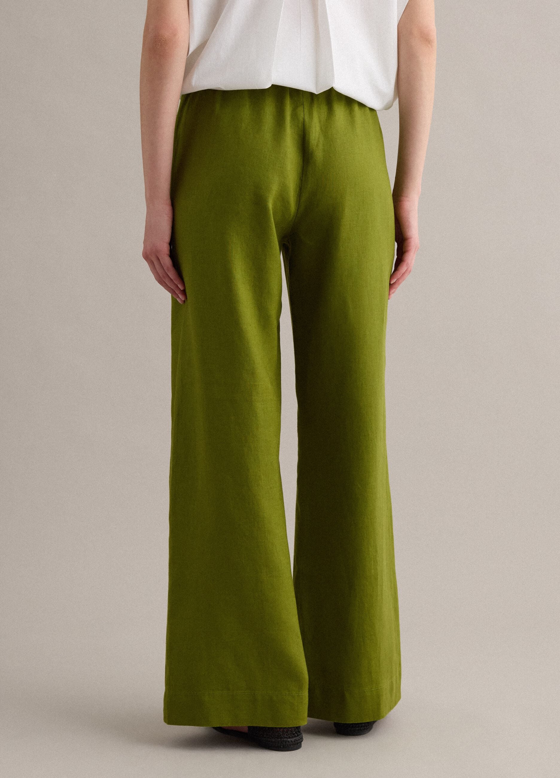 Green pure linen drawstring trousers, straight fit