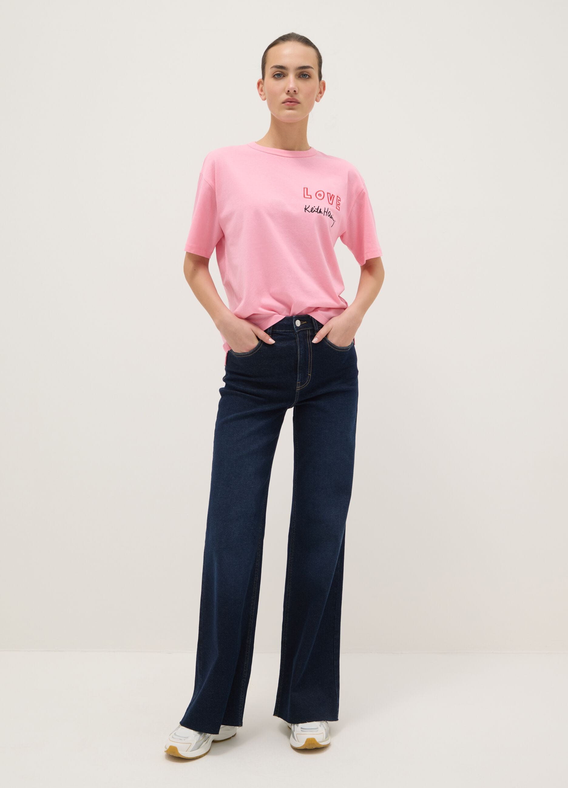 Pink pure cotton T-shirt regular fit with Keith Haring print