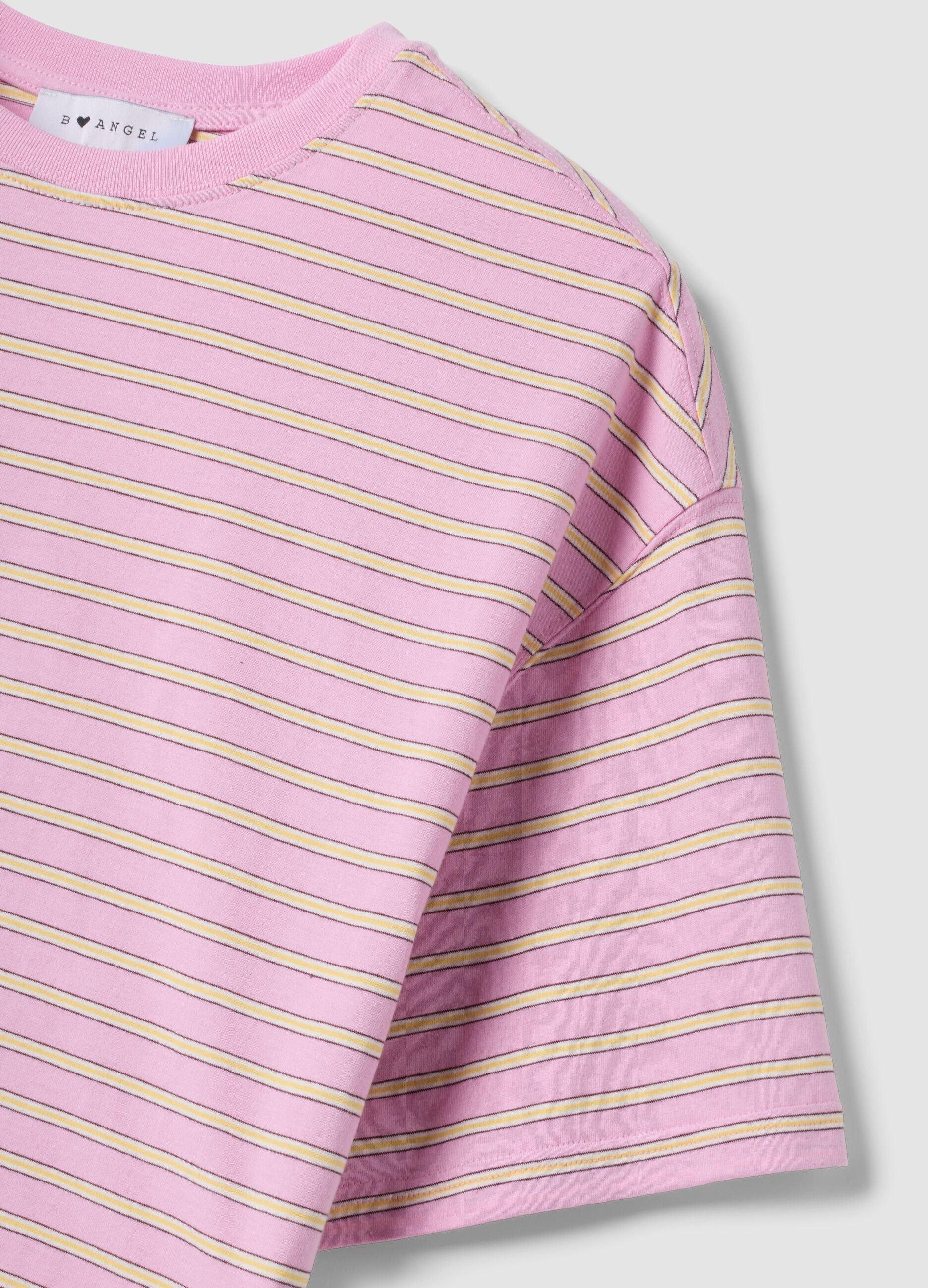 Pink pure cotton T-shirt with yellow stripes, boxy fit
