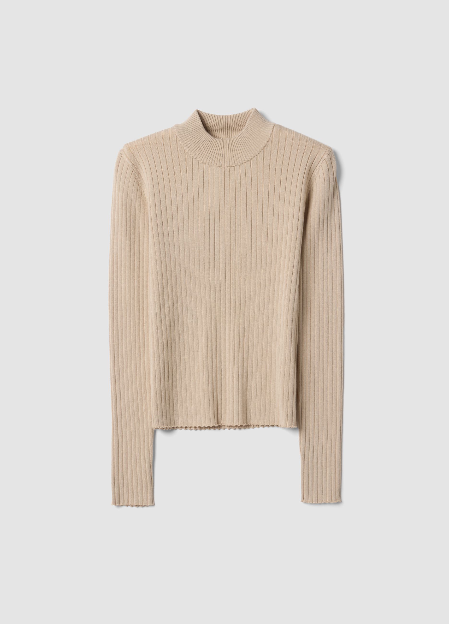 Beige ribbed viscose-blend top with high neck