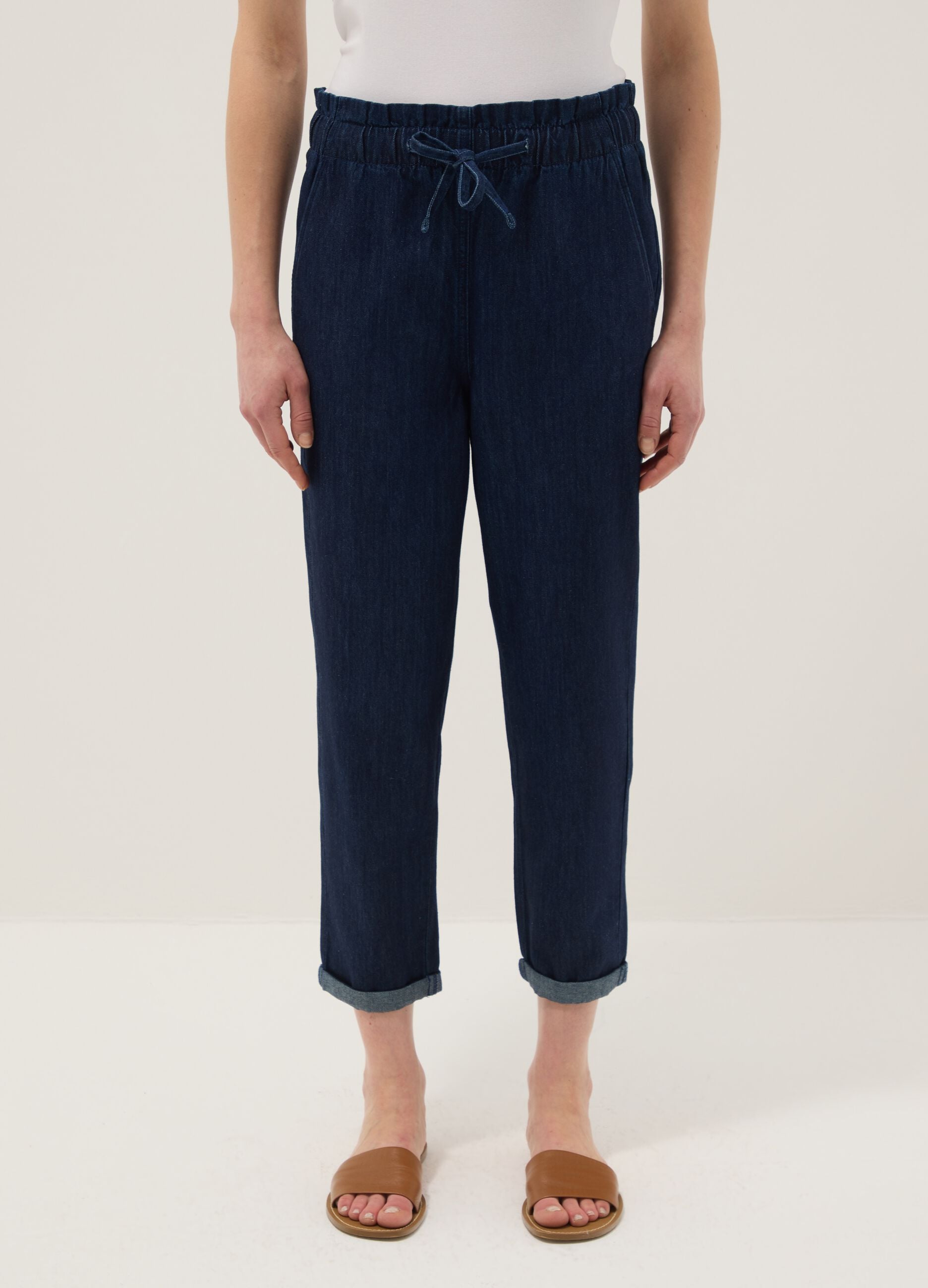 Regular fit blue denim cotton paper bag trousers
