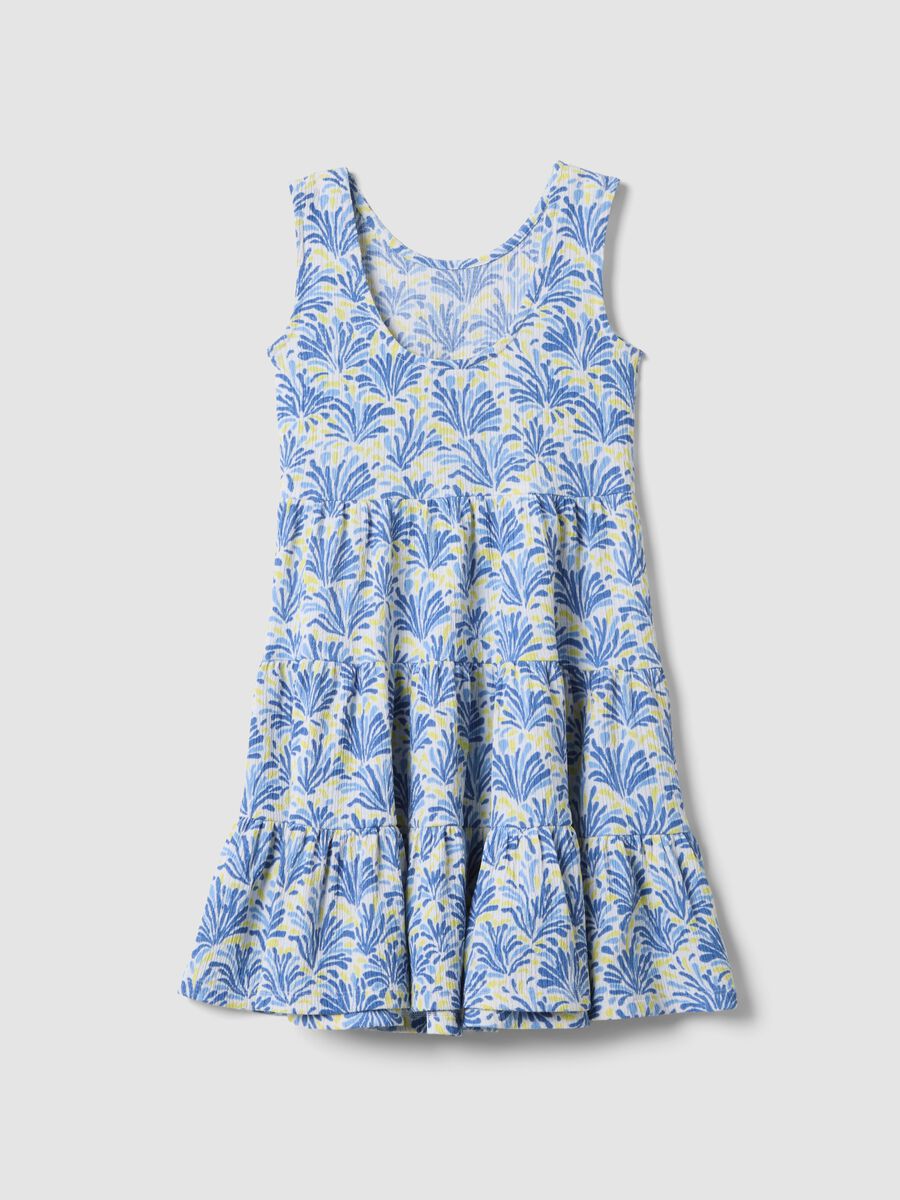Blue sleeveless stretch jersey dress with floral print for girls_1