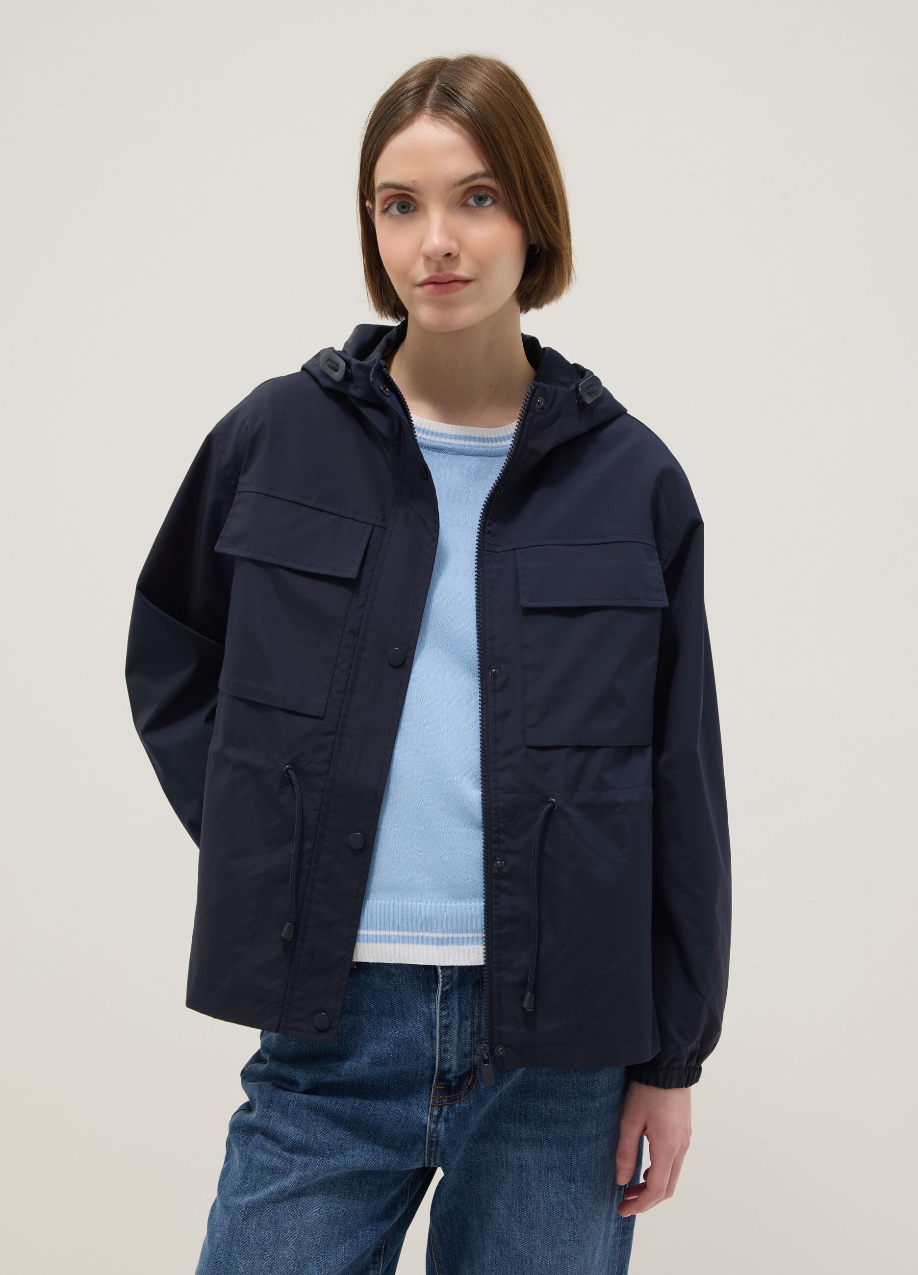 Blue waterproof jacket regular fit with pockets and hood
