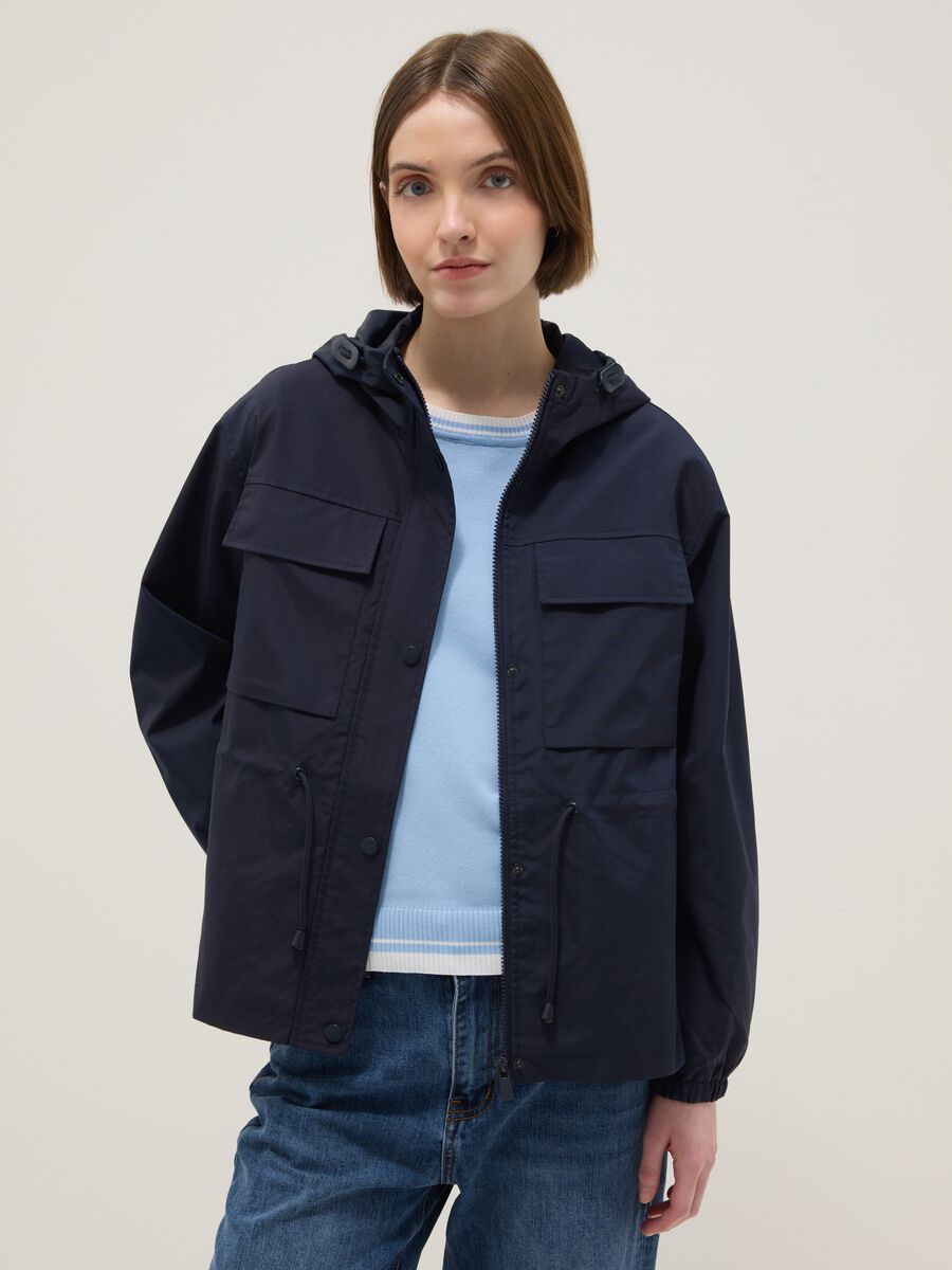 Blue waterproof jacket regular fit with pockets and hood_0