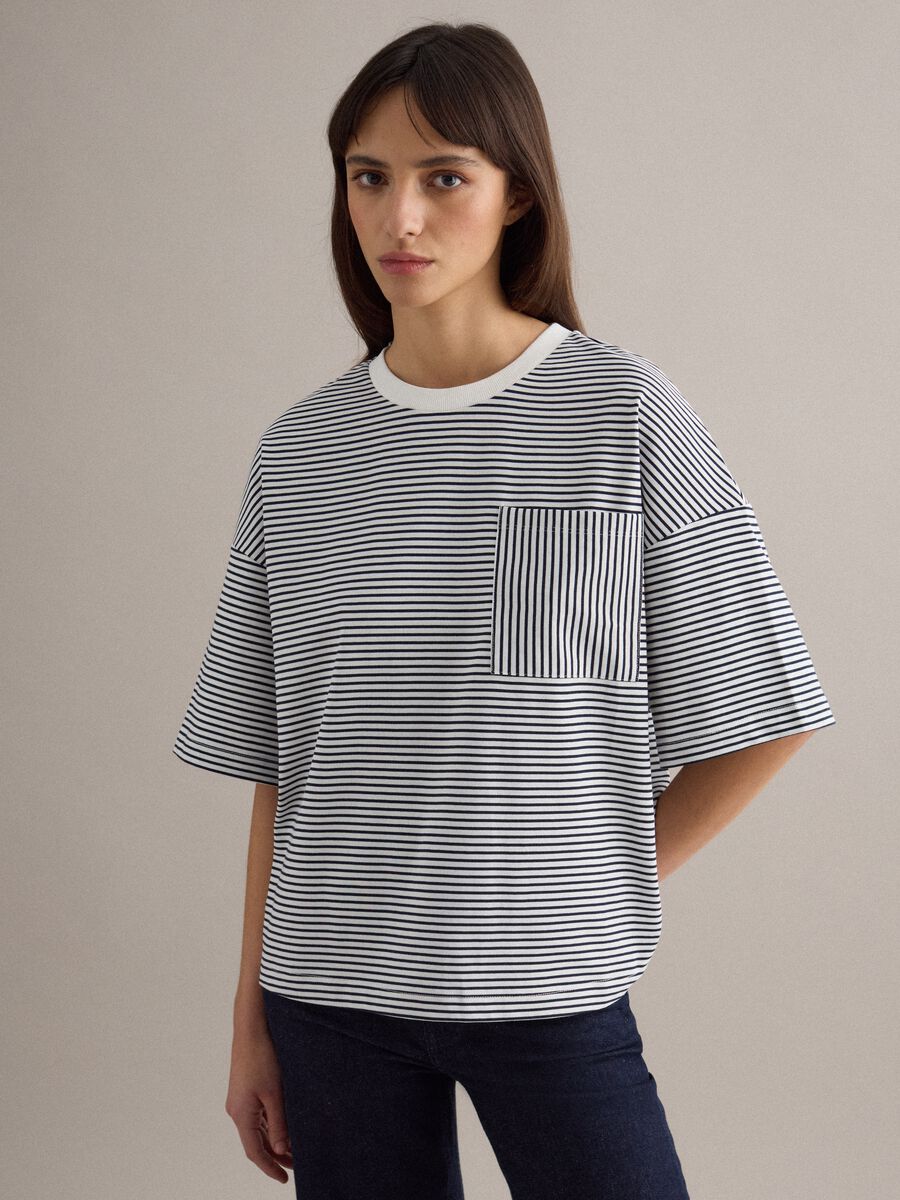 Multi-colour striped cotton blend regular fit t-shirt with pocket_0