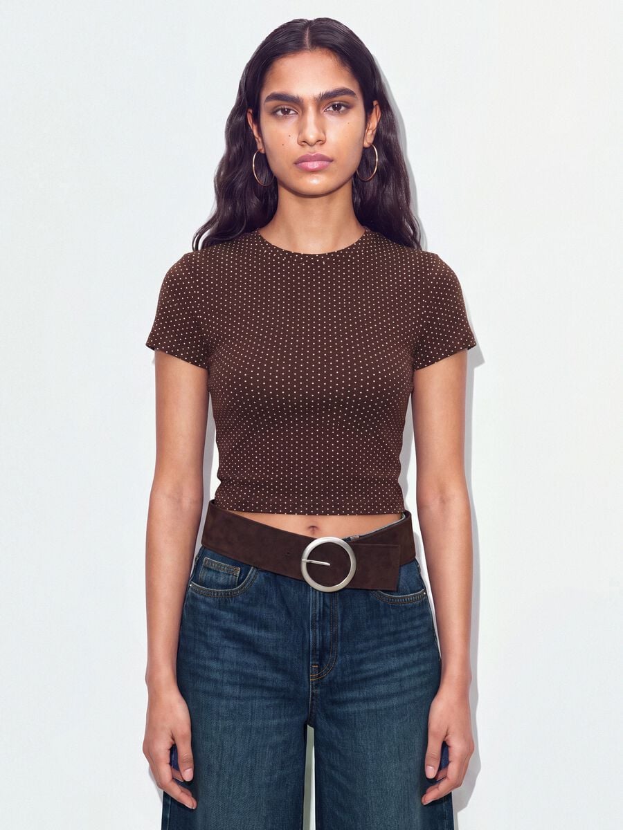 T-shirt crop marrone in puro cotone a pois regular fit_0