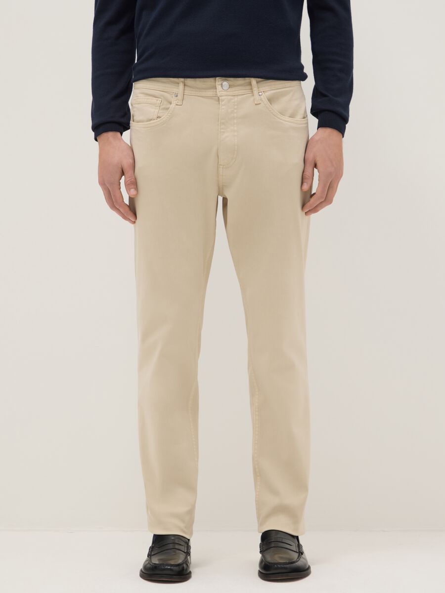 Slim Fit Beige Stretch Cotton Trousers_1