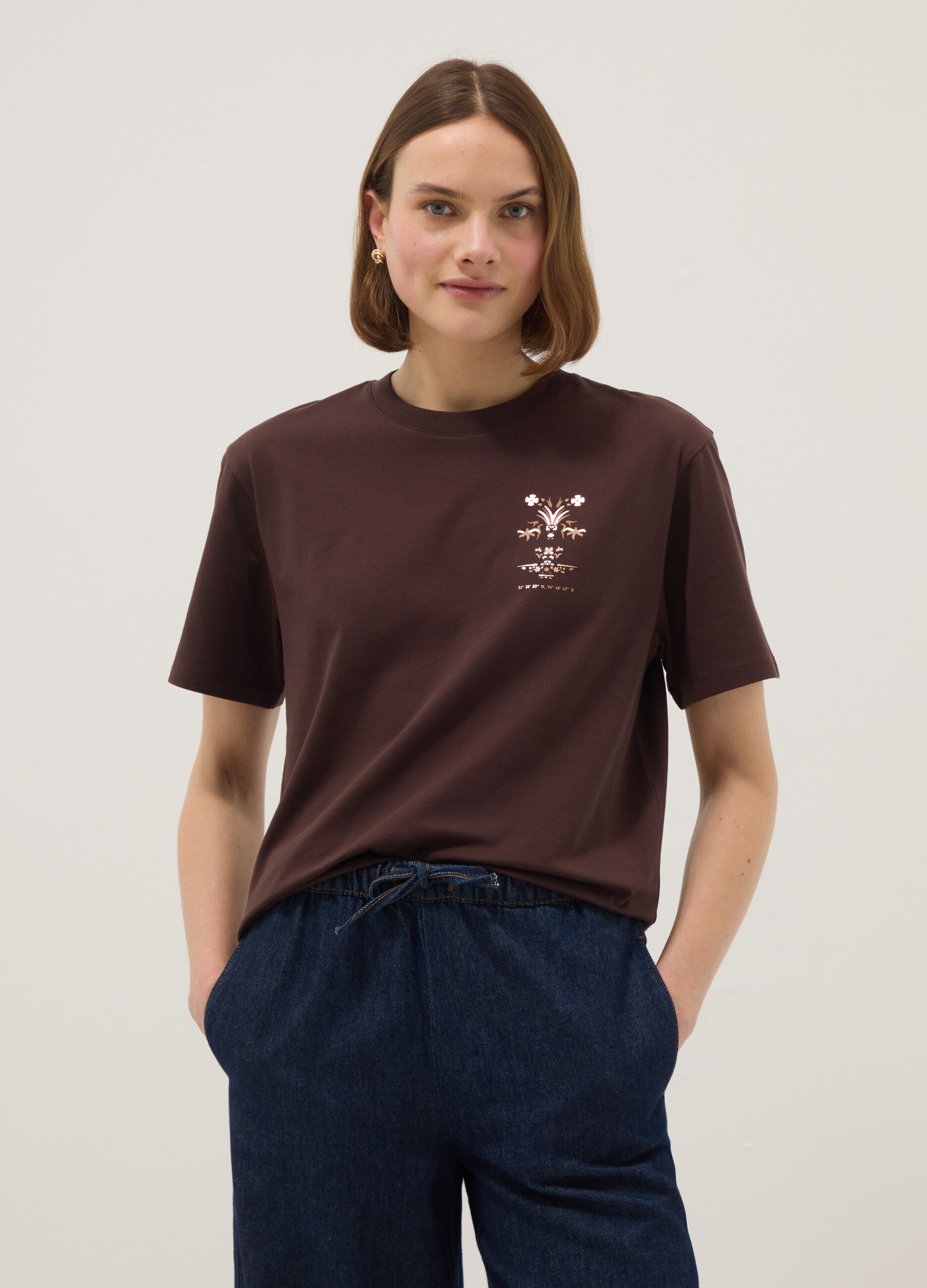 Brown pure cotton short-sleeve regular-fit T-shirt with print