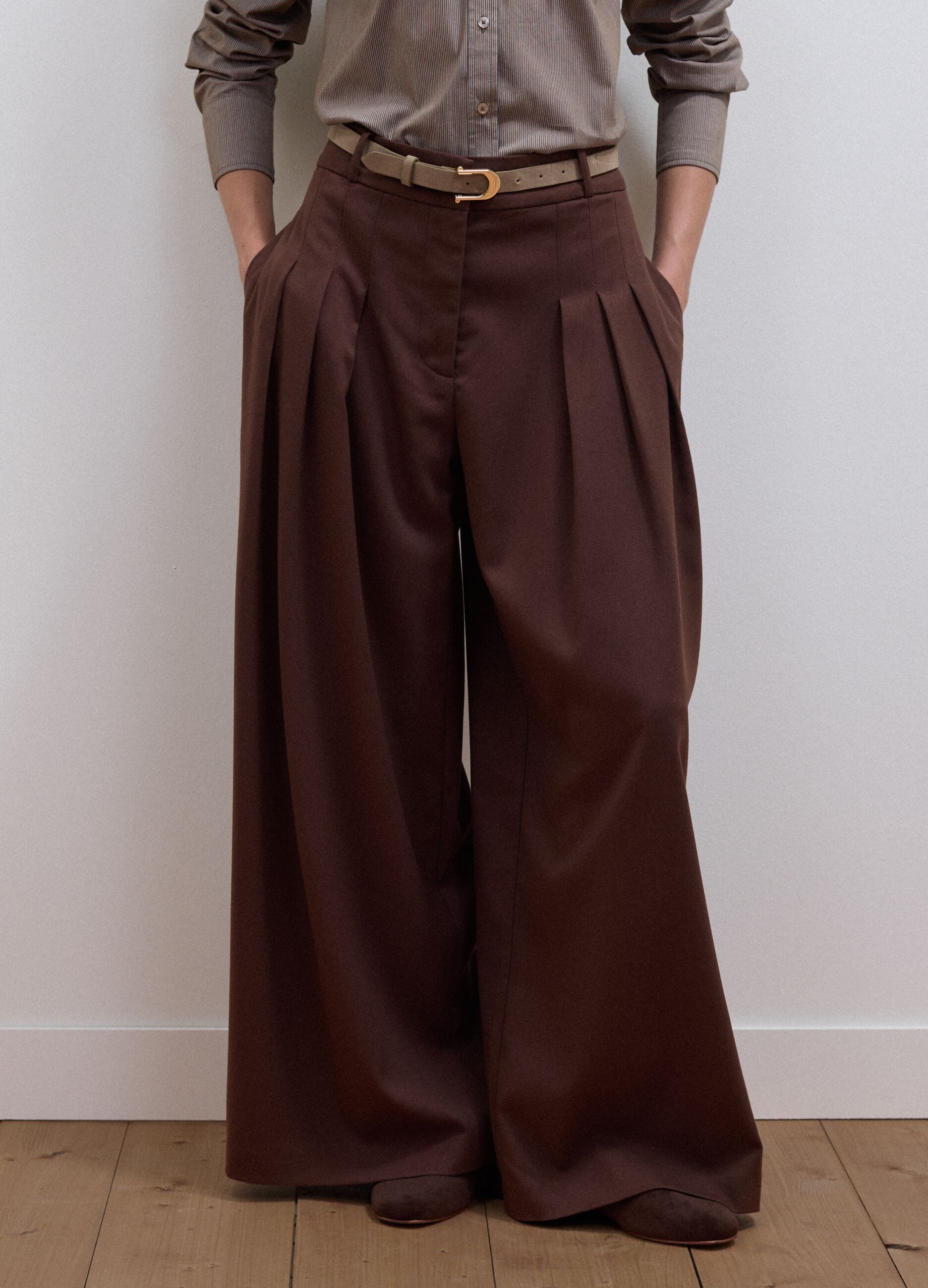 Brown wide-leg formal trousers in stretch viscose with belt
