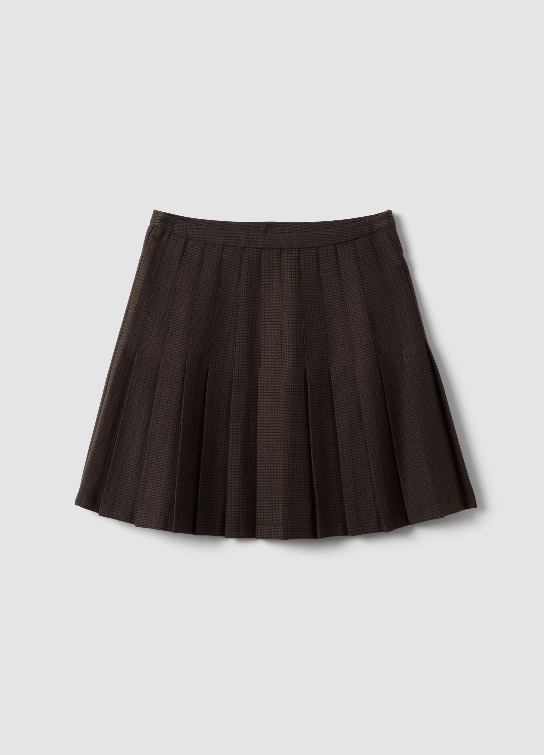 Brown micro-check pleated skirt in stretch viscose