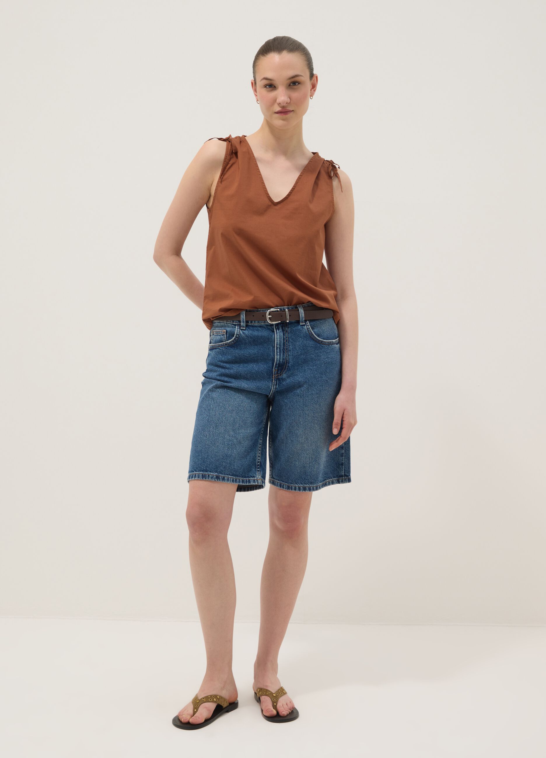 Brown pure cotton V-neck blouse, regular fit