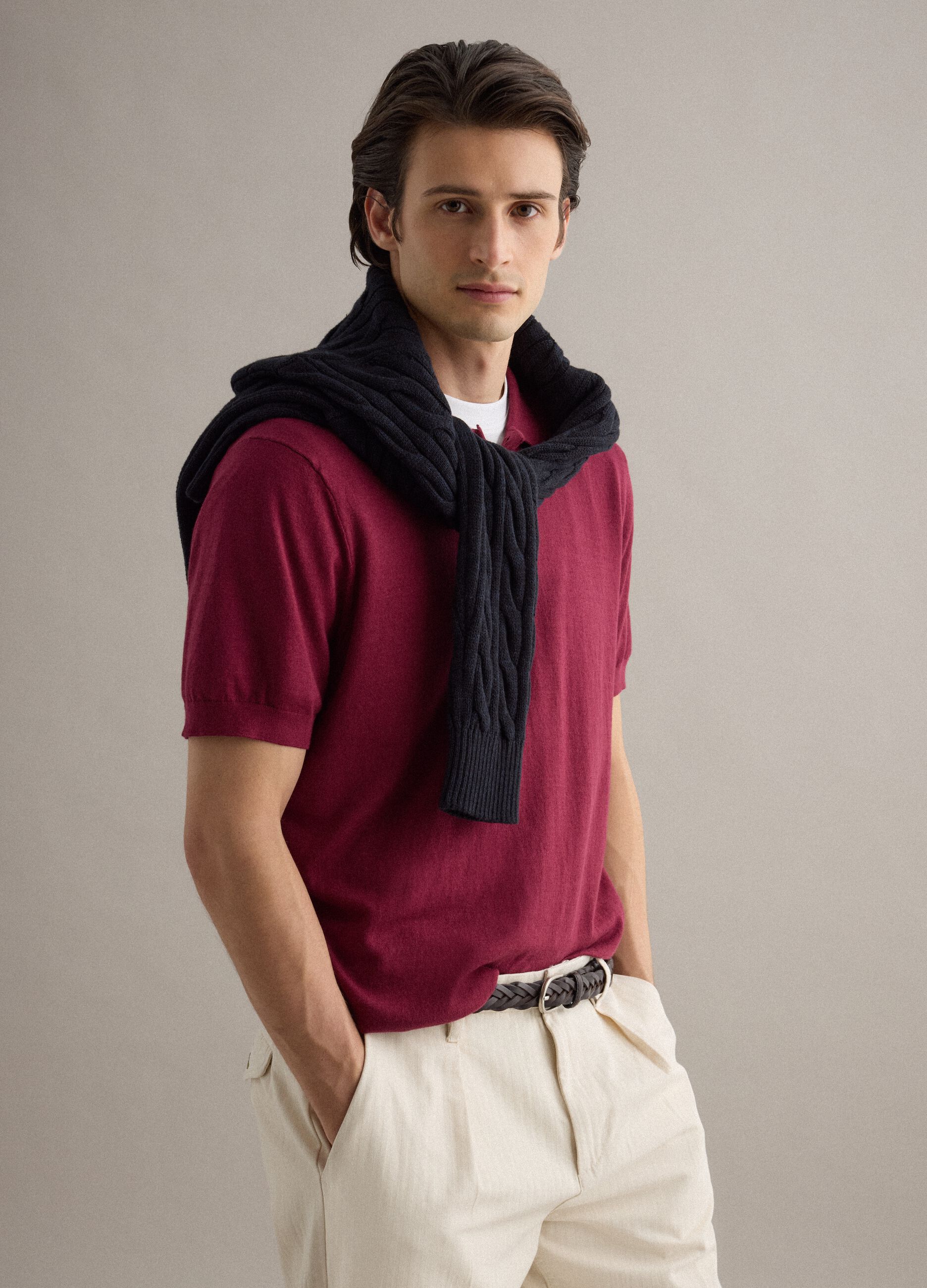 Red regular fit polo shirt in a cotton, linen and silk blend