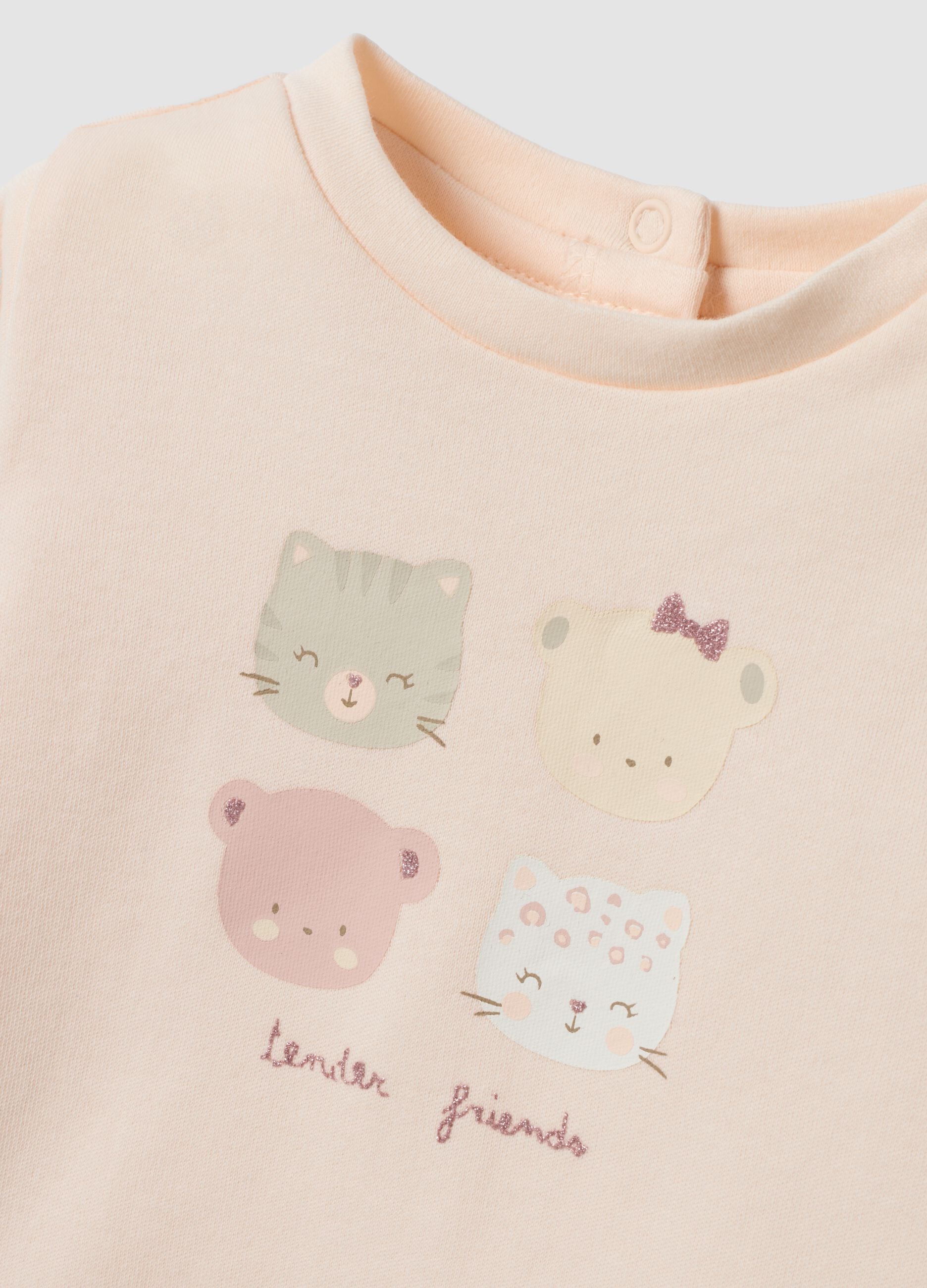 Pink organic cotton crew-neck top with little animal print
