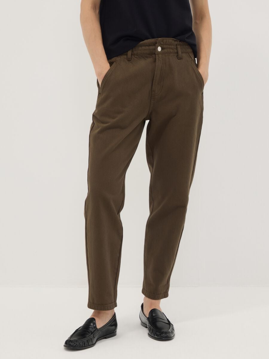 Brown denim baggy-fit jeans in pure cotton with paperbag waist_1